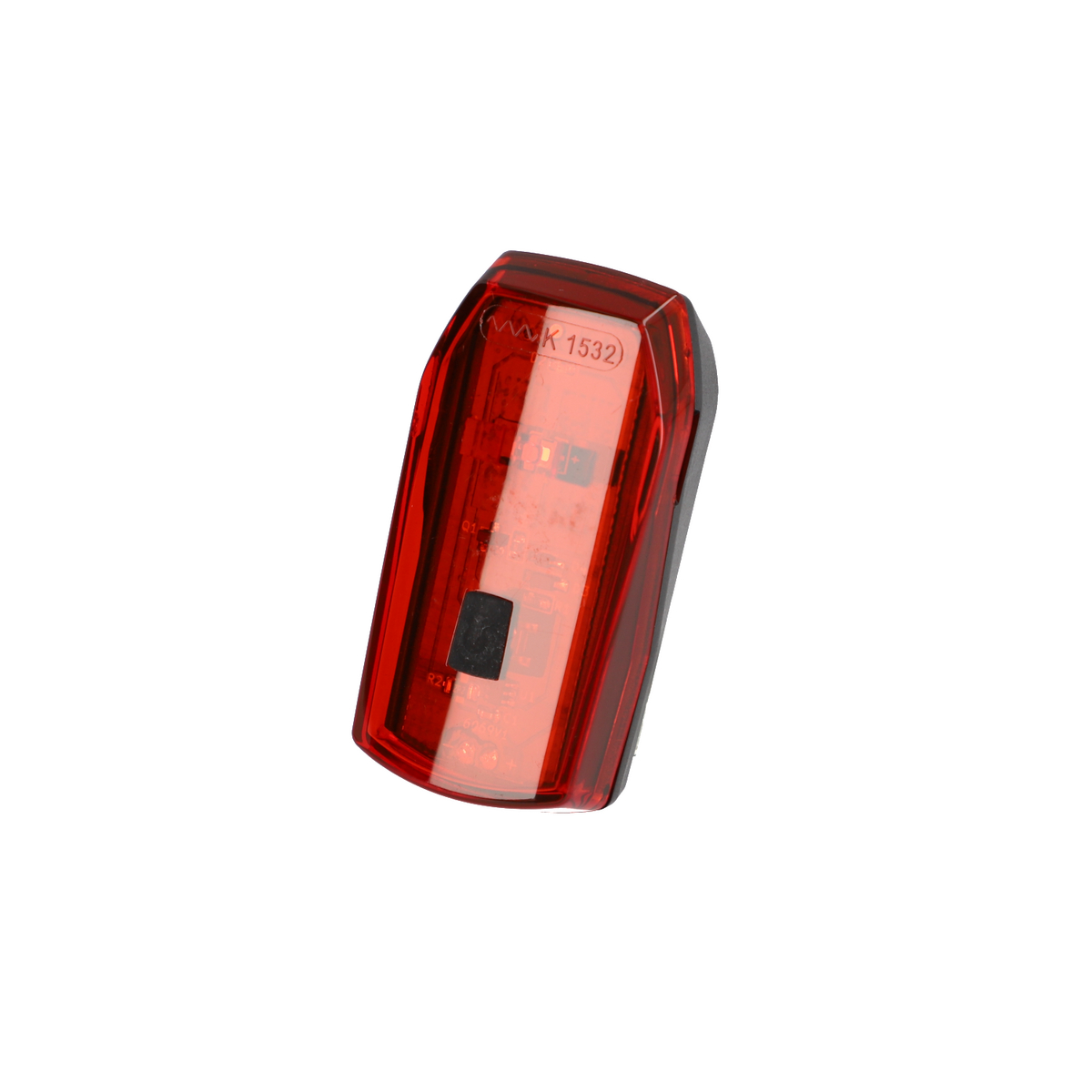 Rotes Fahrradlicht. Es hat einen schwarzen quadratischen Knopf und eine transparente rote Abdeckung.