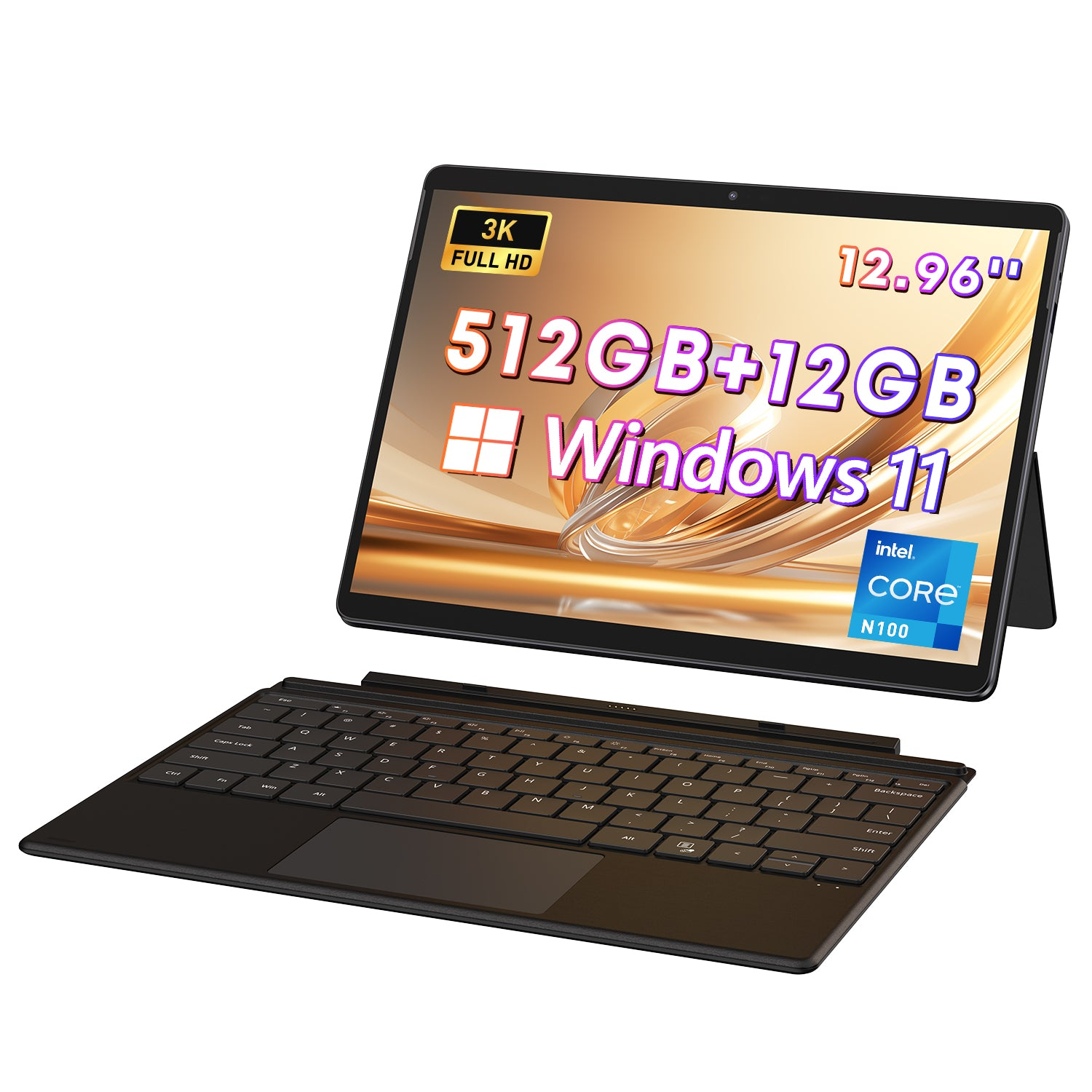 Una tableta con teclado. La pantalla muestra texto sobre Windows 11 y especificaciones. Fondo blanco.