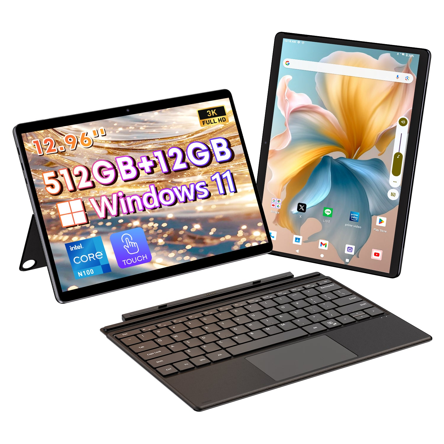 Tableta con teclado sobre blanco. La pantalla muestra texto y el logo de Windows.