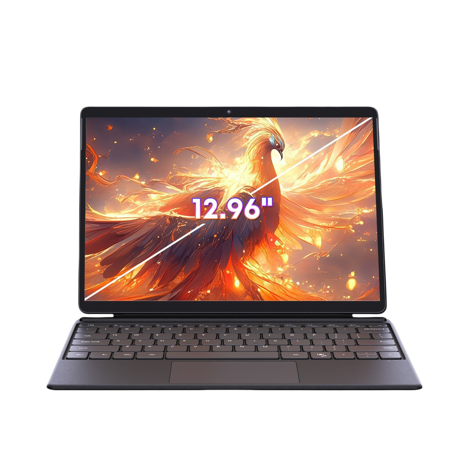 Tableta negra con teclado. La tableta tiene una pantalla grande. Un fénix en la pantalla.