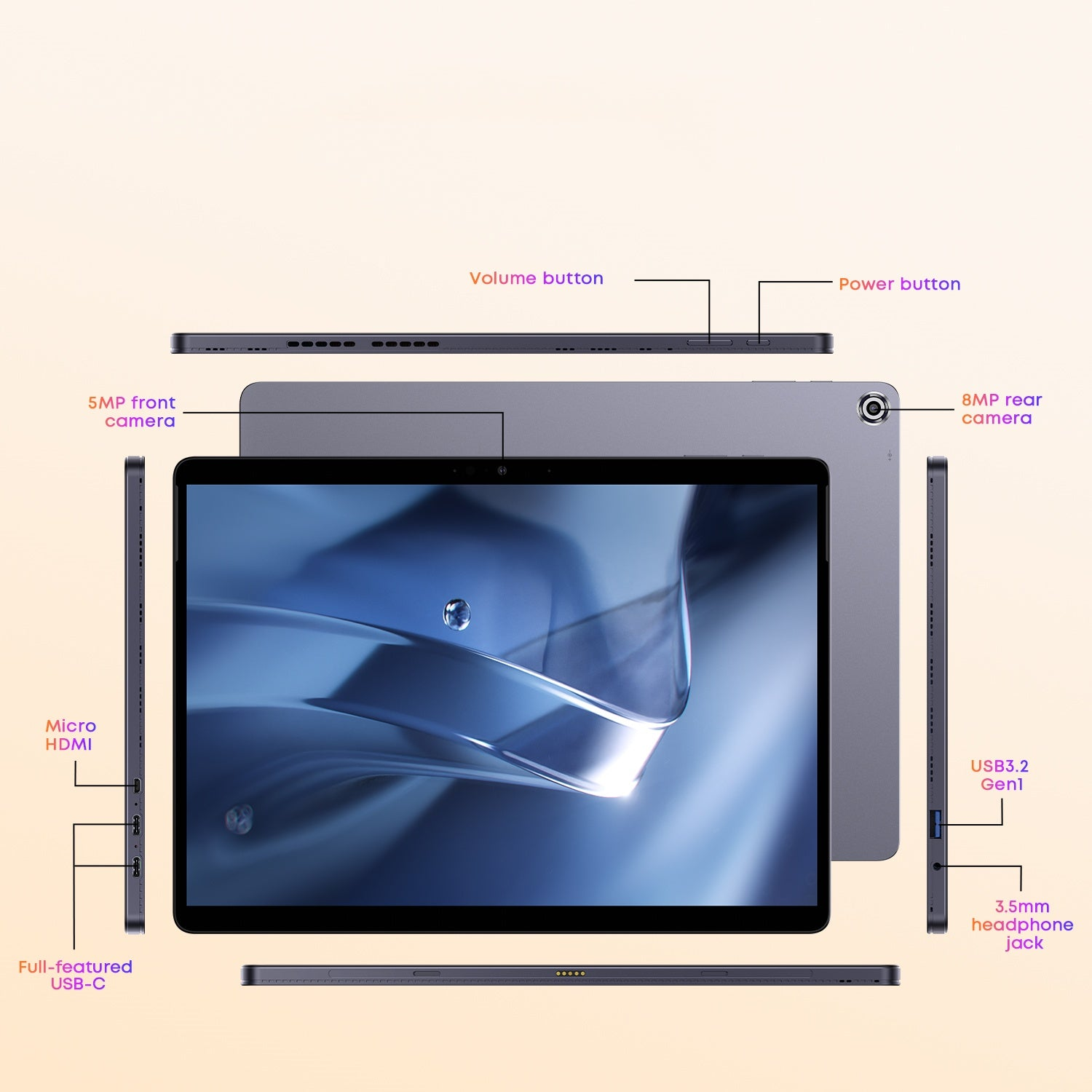 Tableta, vistas frontal y lateral, con funciones etiquetadas: cámara, botón de volumen, botón de encendido, puerto USB-C.