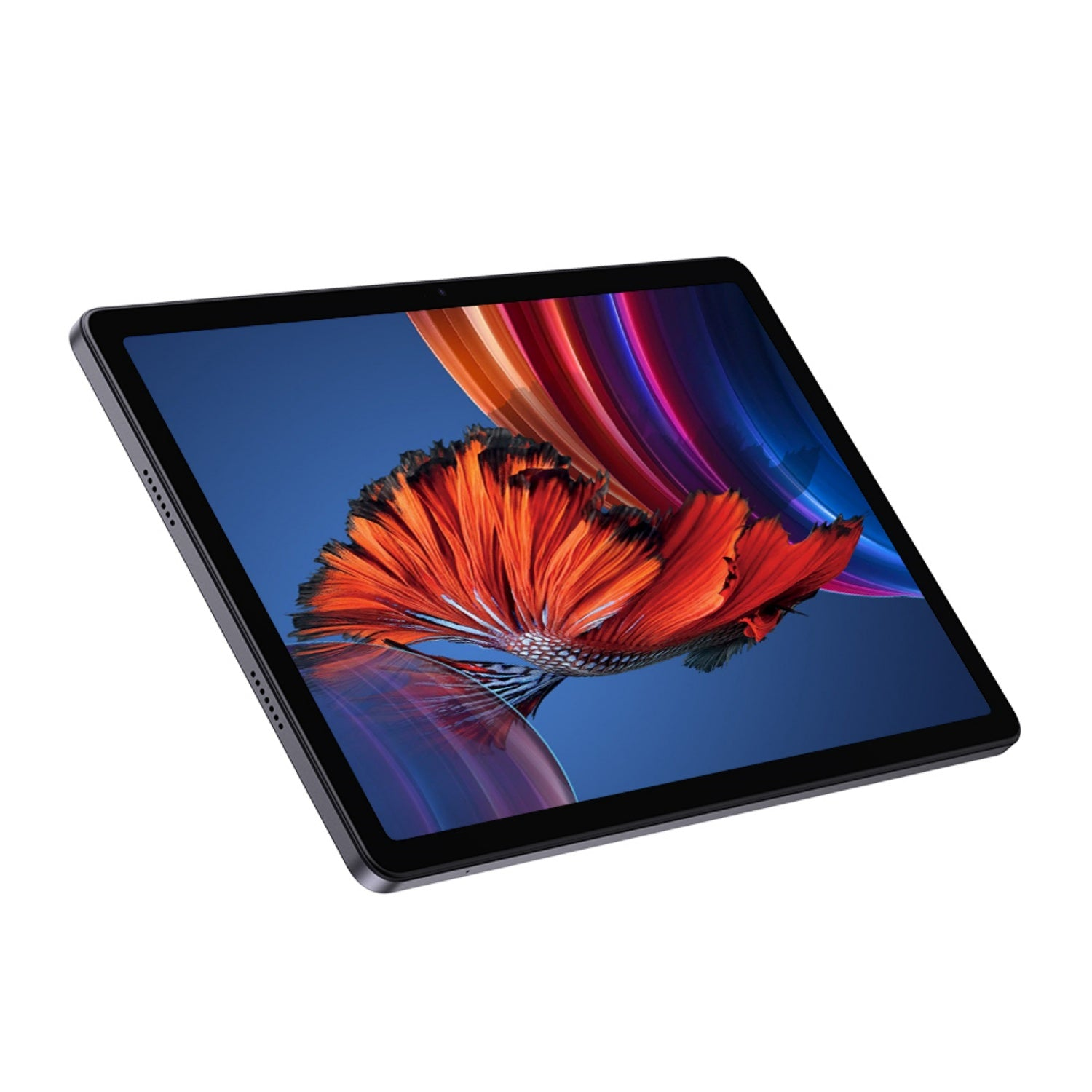 Tablet z dużym wyświetlaczem, wyświetlający kolorowy obraz czerwono-pomarańczowego wzoru.