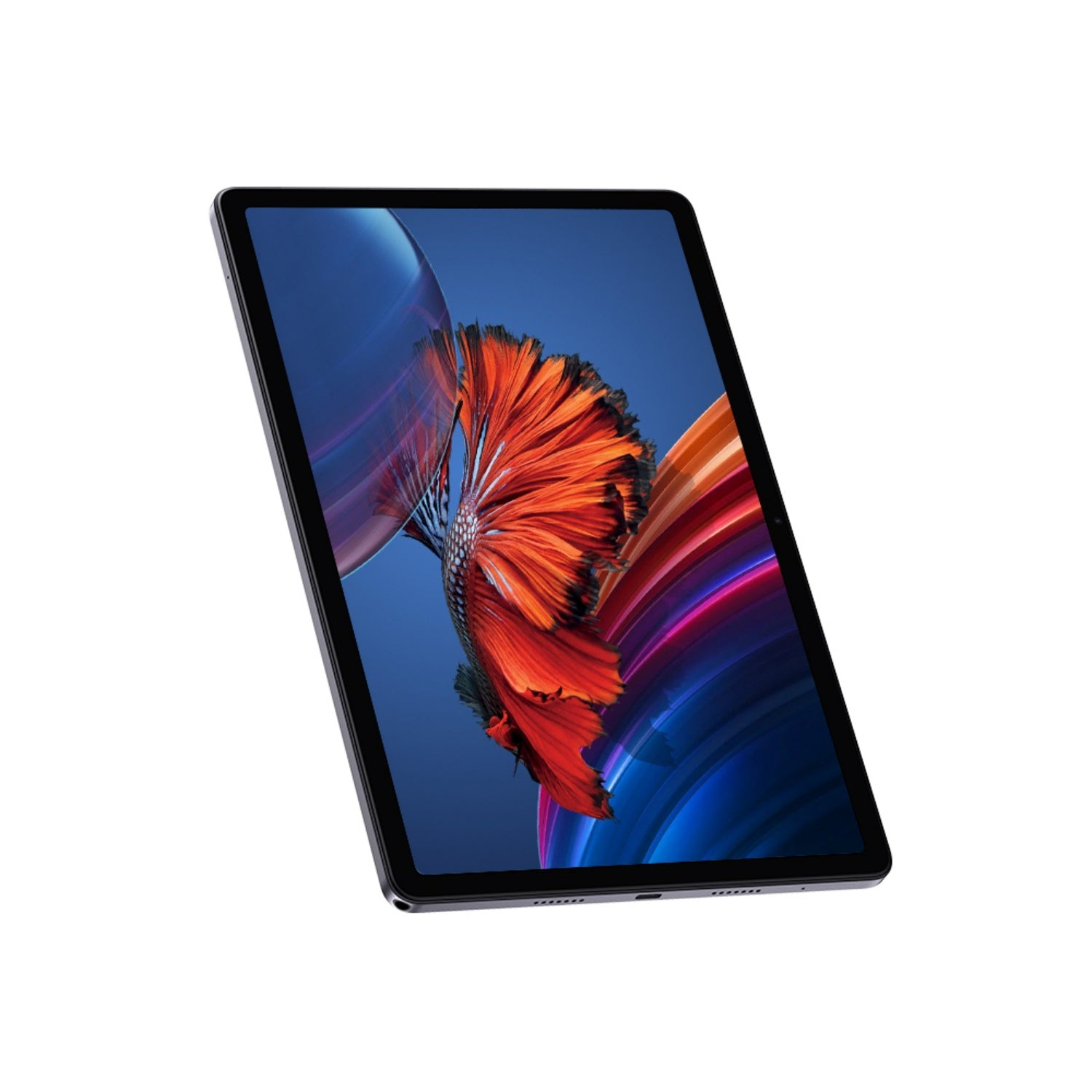 Tablet z czerwonym i pomarańczowym wzorem na ekranie. Jest skierowany w stronę widza.