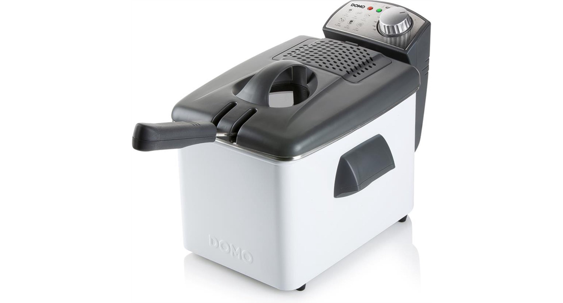 Biało-czarna frytownica z uchwytem i panelem sterowania na górze.
