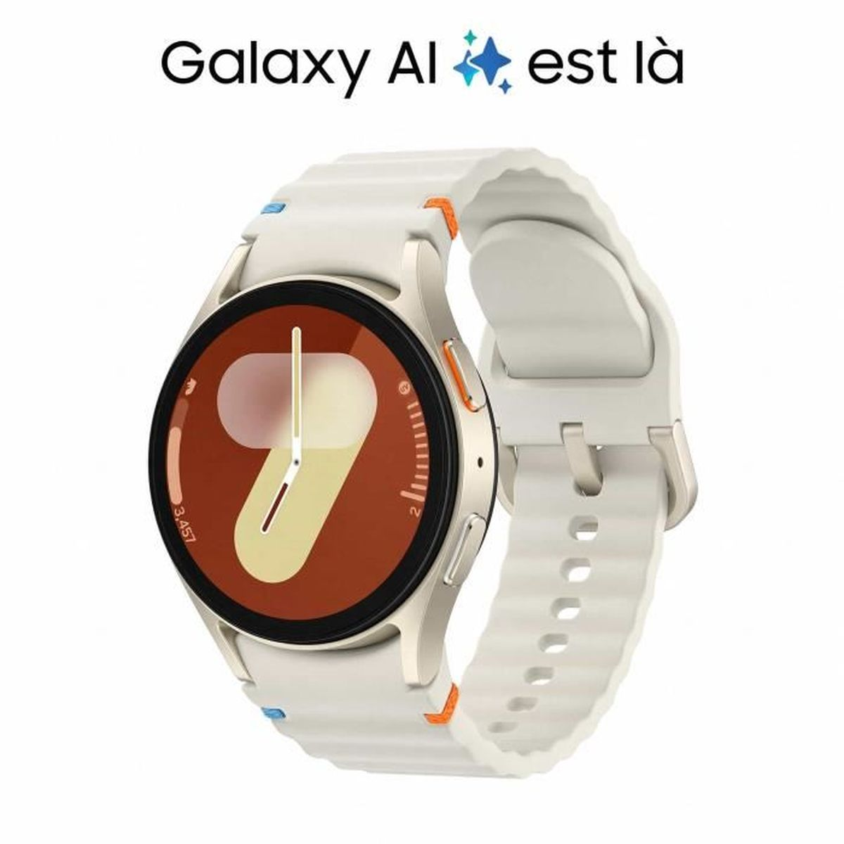 Uno smartwatch Galaxy AI con cinturino bianco e corpo color oro, su sfondo bianco.