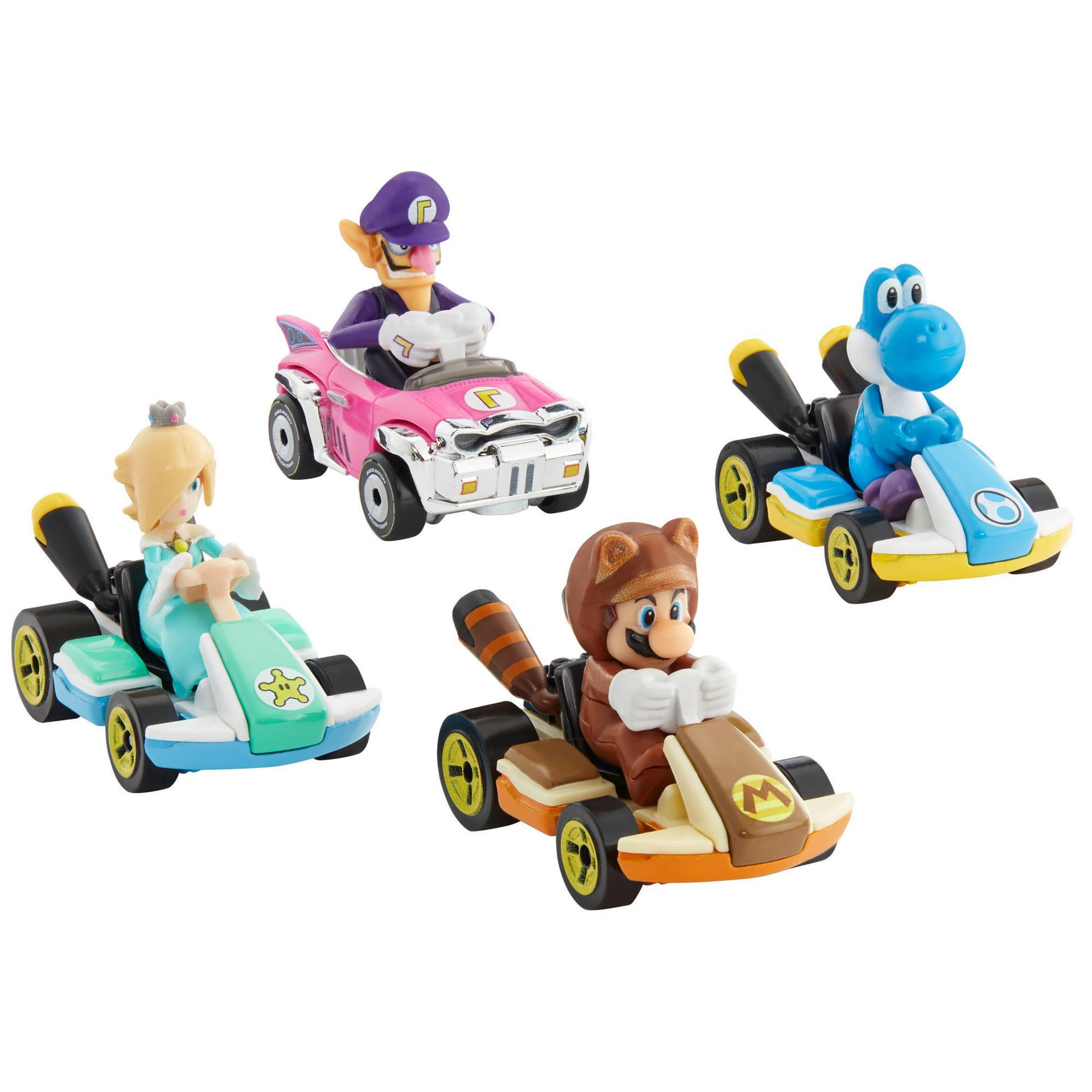 Vier Mario Kart Figuren: Mario, Yoshi, Waluigi und Rosalina, jeweils in ihren Karts.