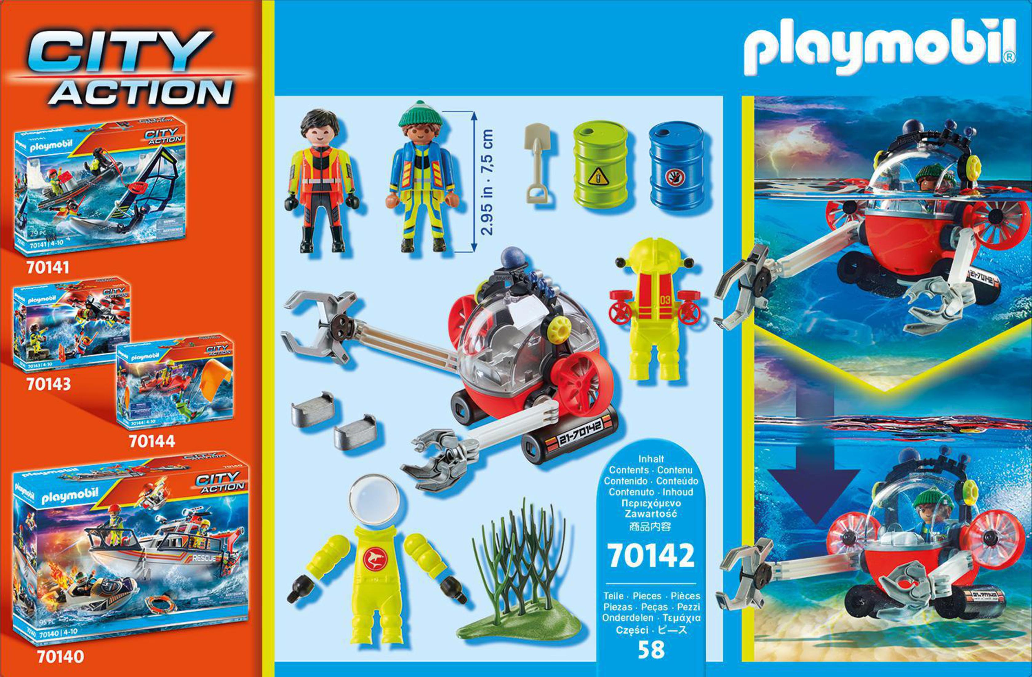 Playmobil City Action Set: Unterwasserfahrzeug, Taucher und diverses Zubehör, auf Weiß.