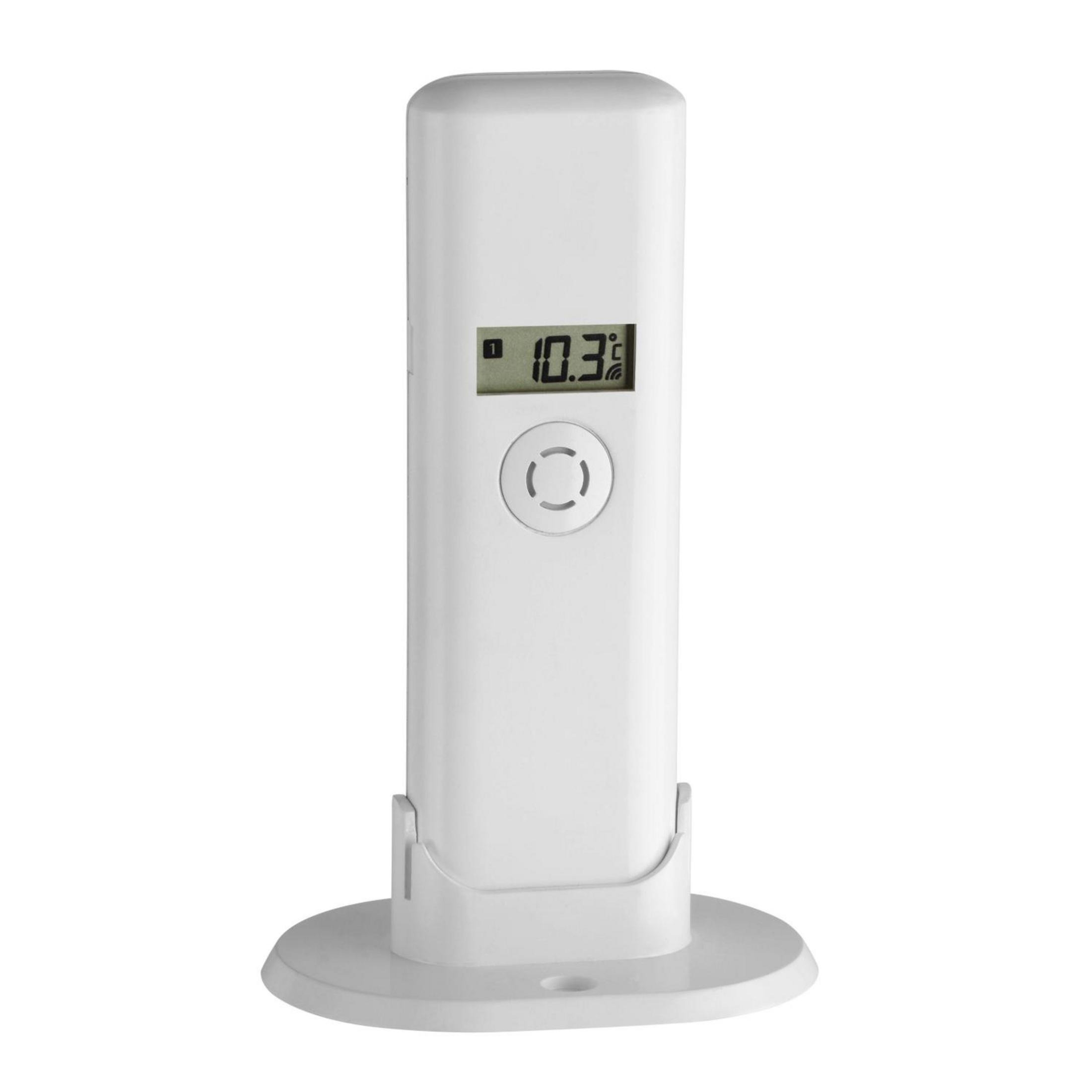 Weißer Temperatursensor. Er zeigt 10,3 Grad an. Er hat einen Knopf und eine runde Basis.