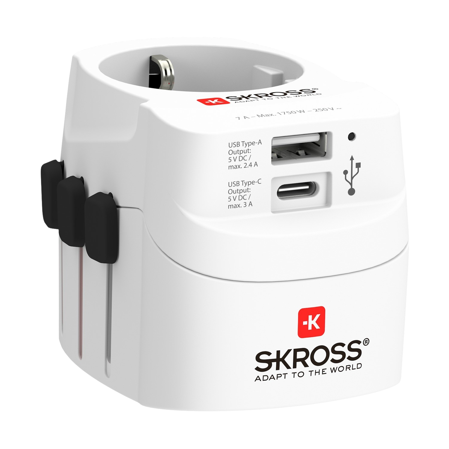 Un adattatore da viaggio bianco con porte USB e il logo SKROSS. Sono visibili spine nere.