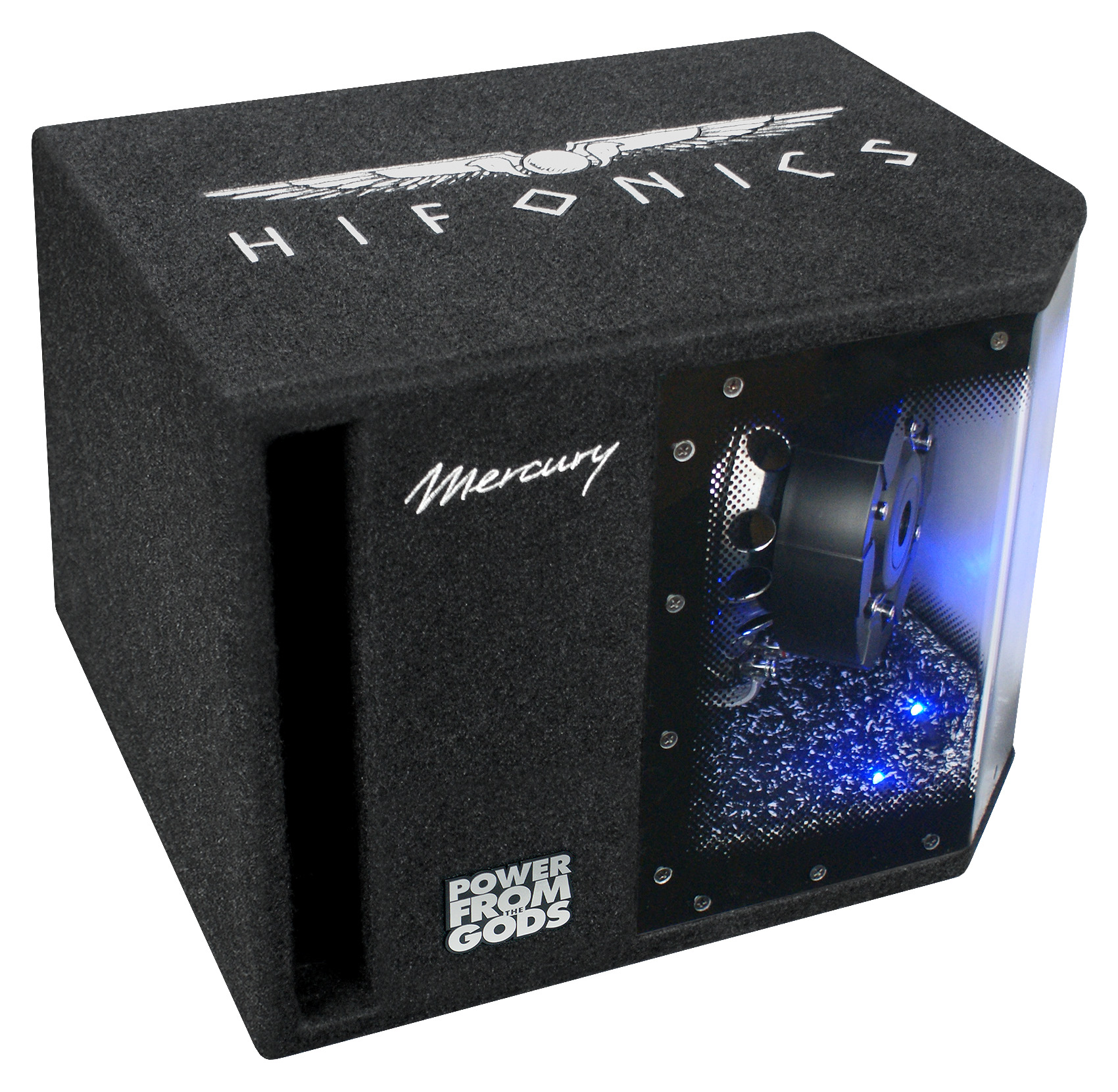 Schwarzer Subwoofer mit der Marke Hifonics. Die Front ist transparent und hat blaue Lichter.