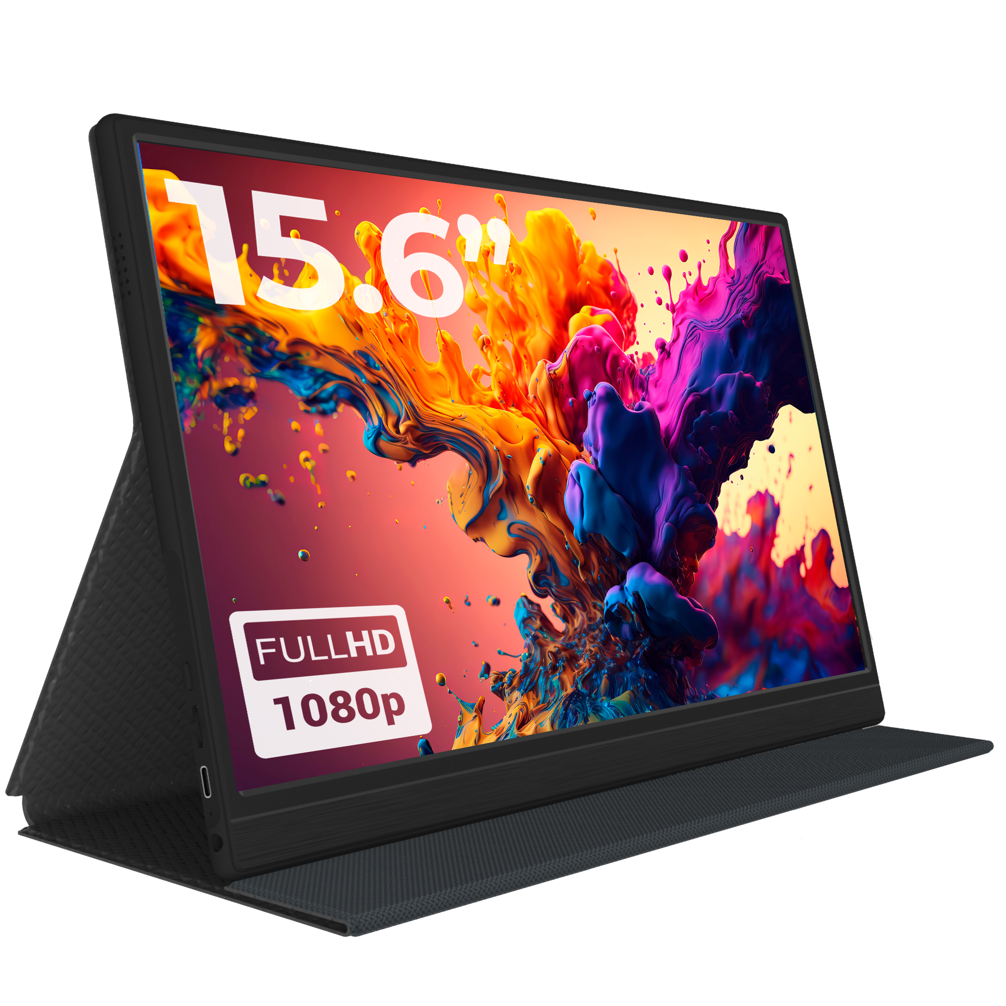 Zwarte draagbare monitor met een kleurrijk display, schuin, met een standaard, op een witte achtergrond.