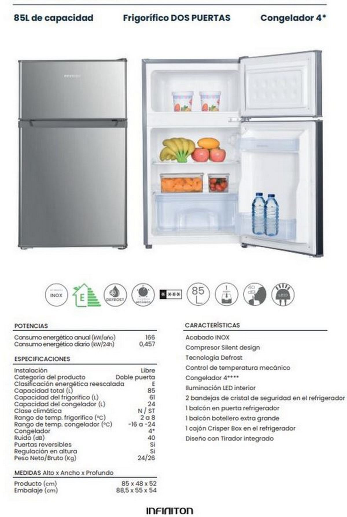 Un refrigerador con puertas abiertas, mostrando comida y estantes. Texto y especificaciones a los lados.