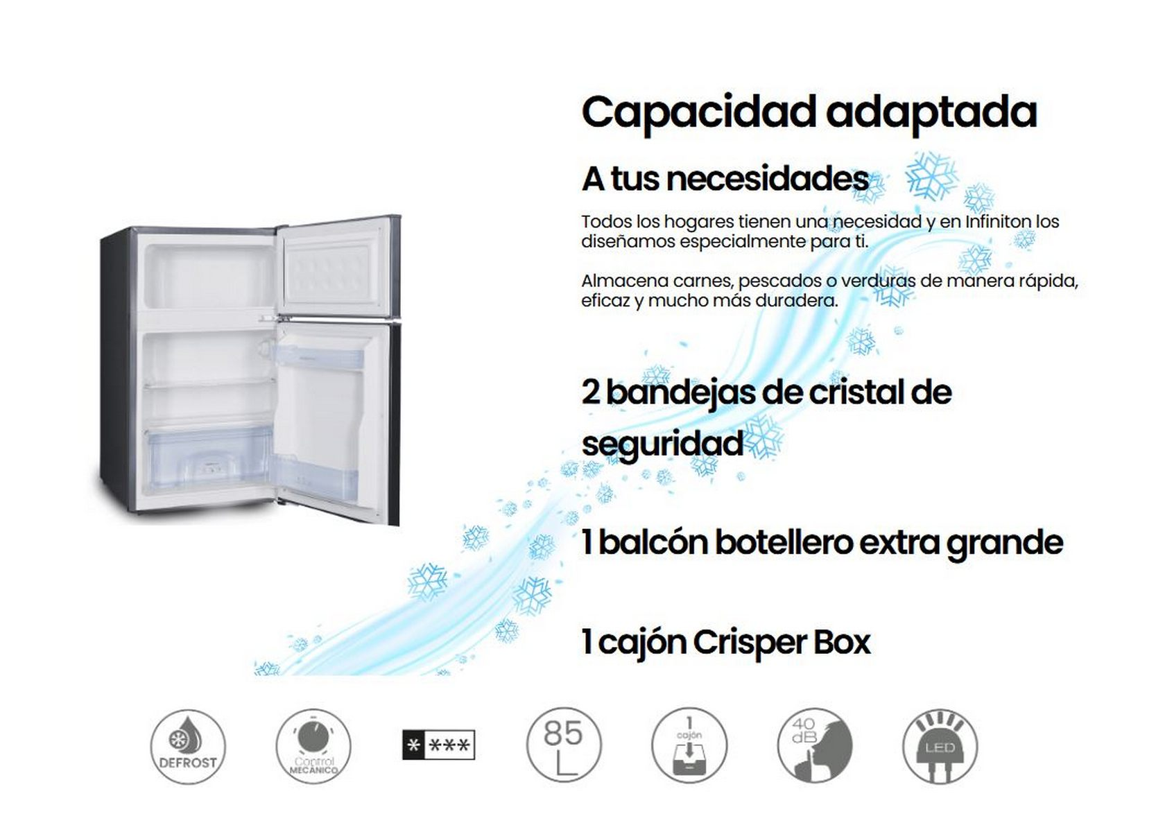 Refrigerador con puertas abiertas, mostrando estantes y cajones. El texto y los copos de nieve rodean la imagen.