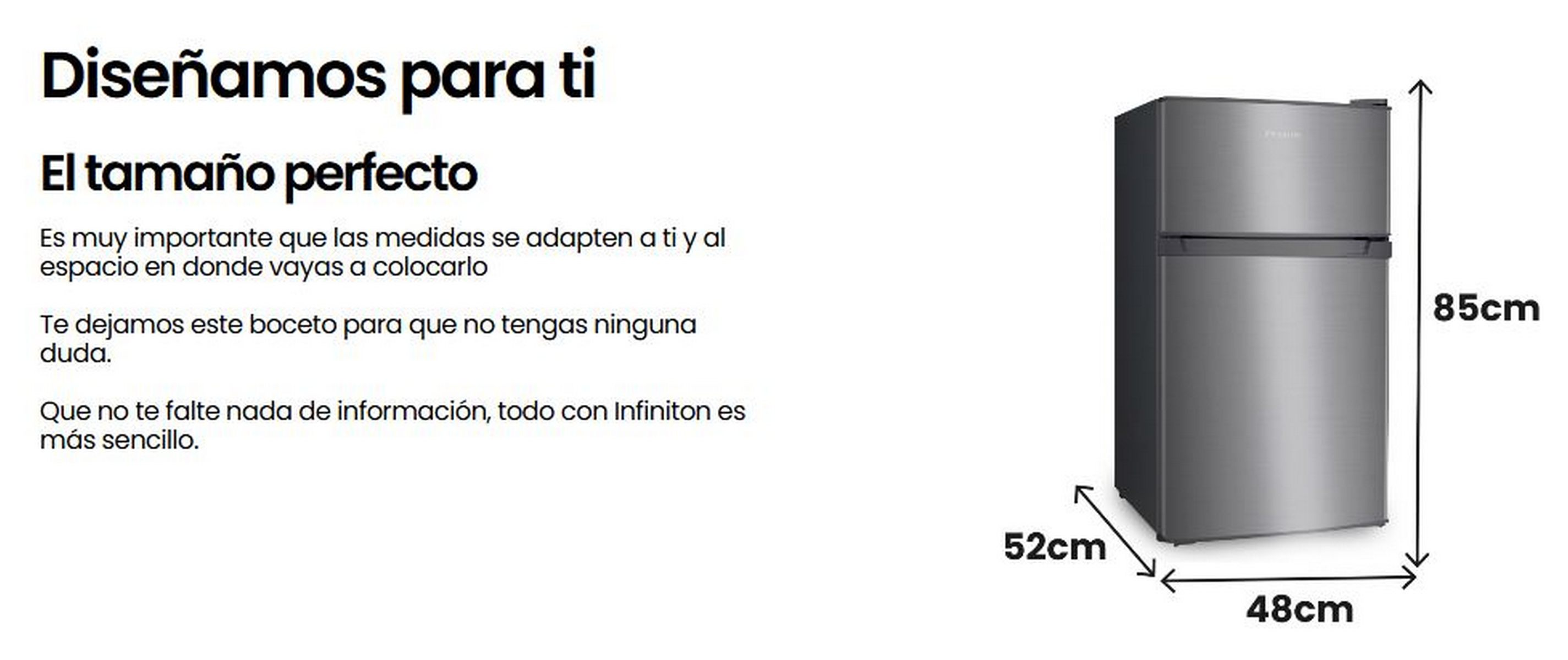 Nevera con dimensiones: 85cm altura, 52cm profundidad, 48cm ancho. Texto en español.
