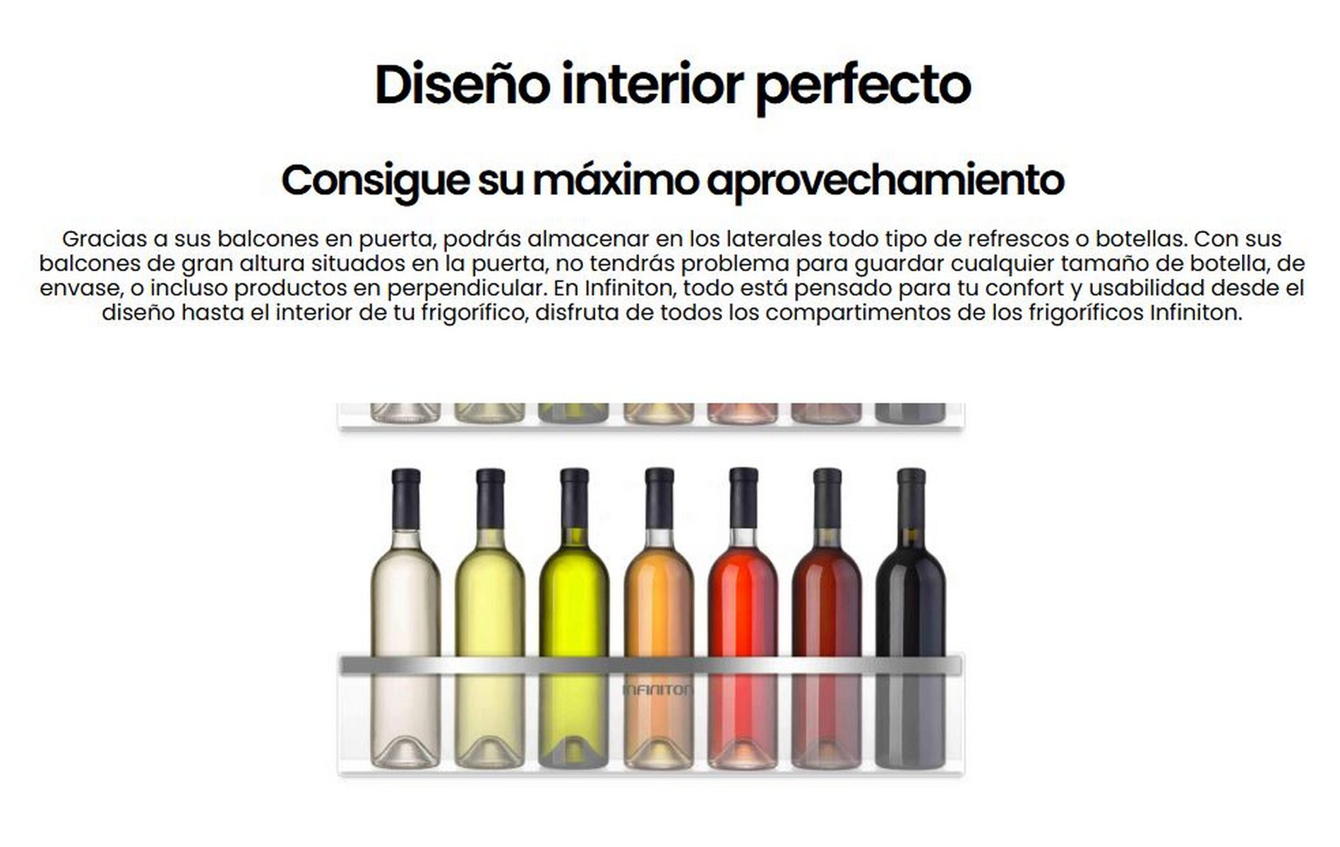 Botellas de vino en un frigorífico. Las botellas están en un estante. El fondo es blanco.