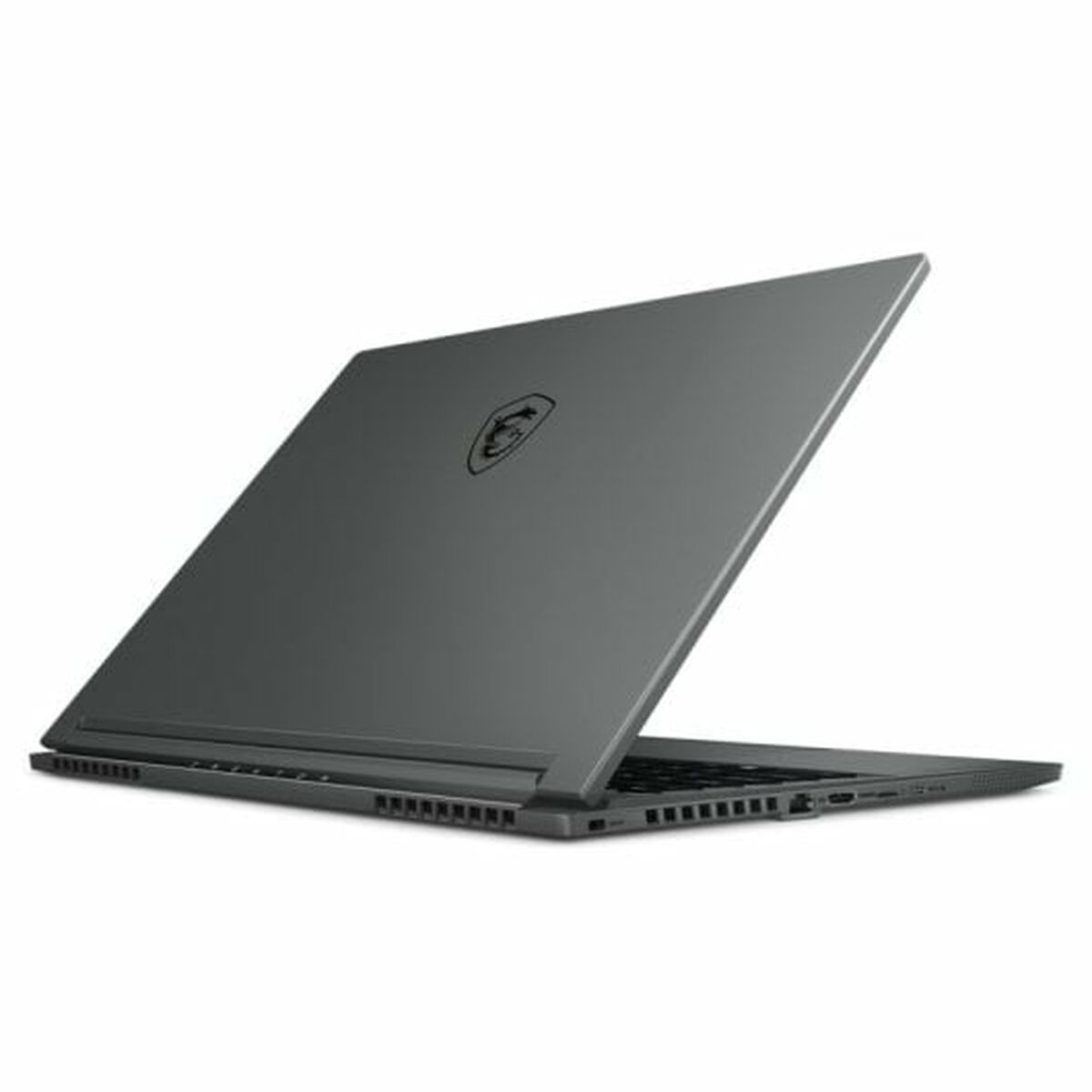 Una laptop con una parte trasera gris oscuro, con el logotipo de MSI. La pantalla está cerrada.