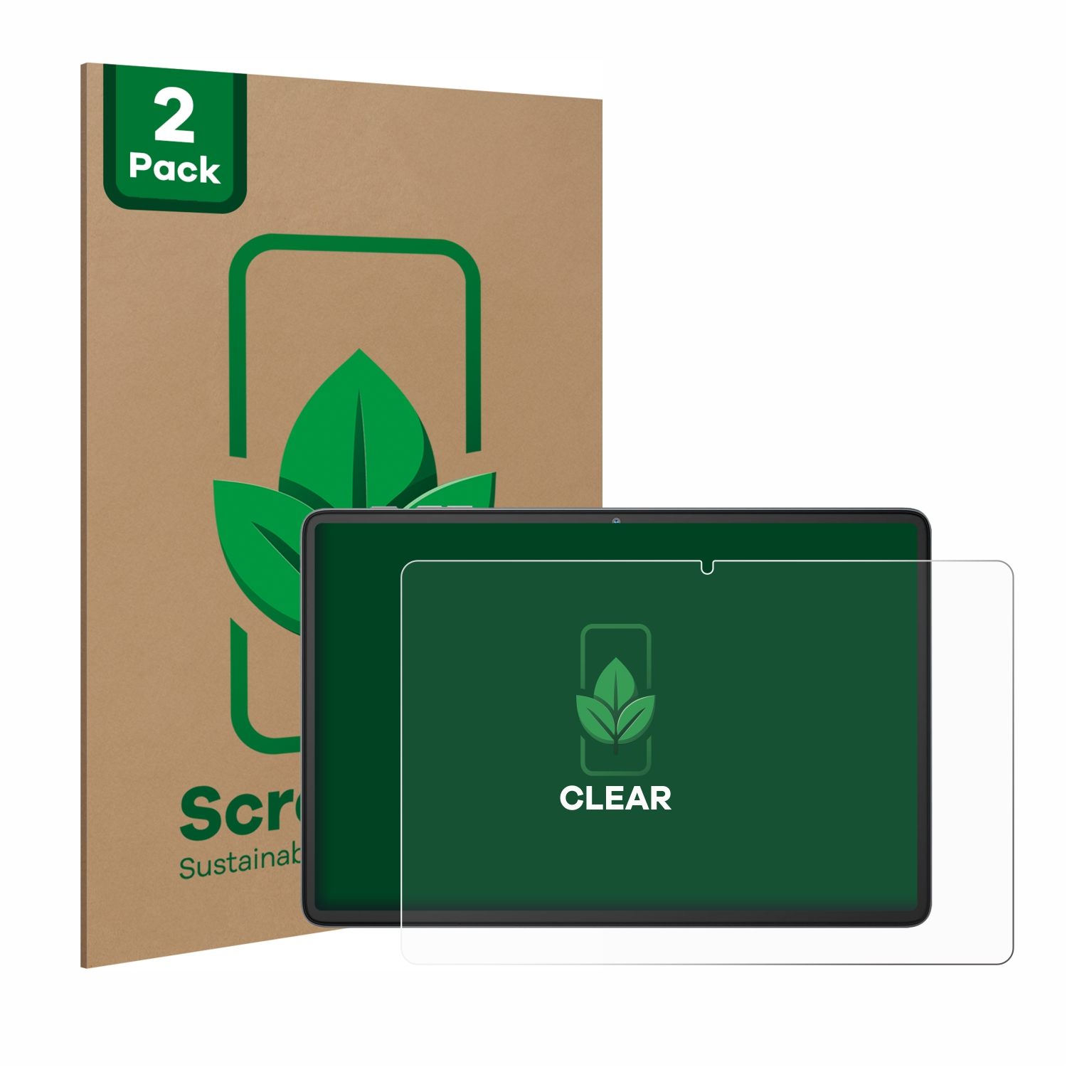 Tablett-Displayschutzfolie mit klarer Schutzfolie und einer Verpackung mit grünem Blattlogo.