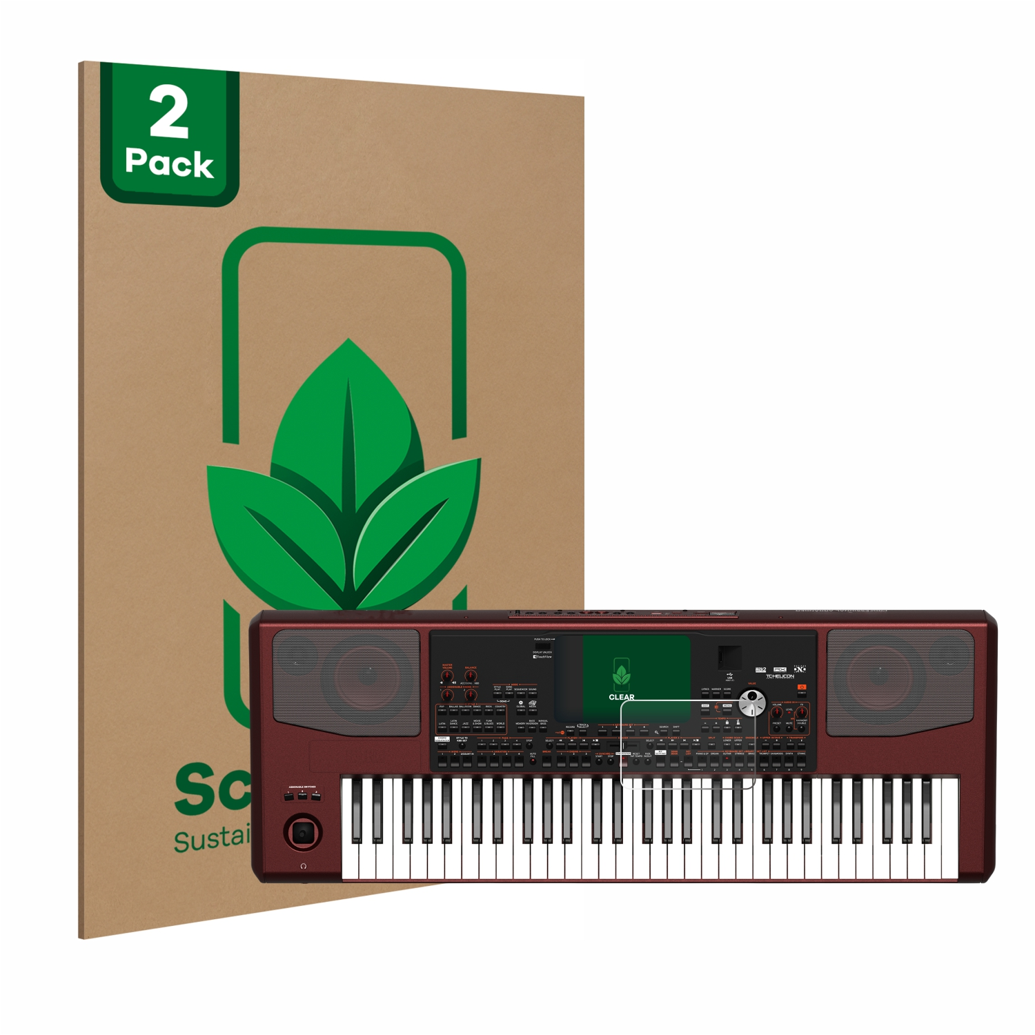 Eine rote Tastatur vor einer Box mit einem grünen Blattsymbol, das Nachhaltigkeit anzeigt.