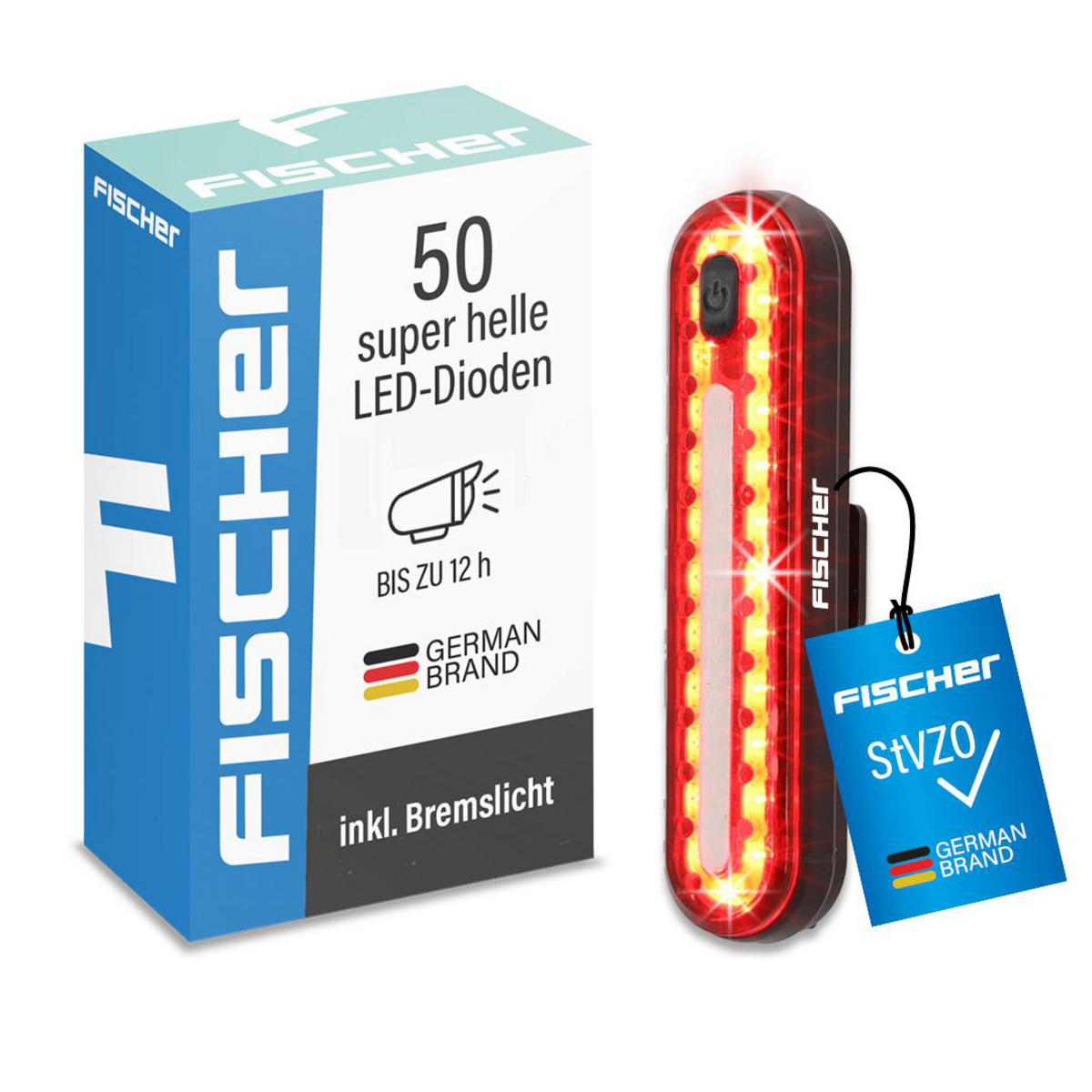 Ein Fischer Fahrrad-Rücklicht und Karton, die das Licht und die Verpackung mit Text und deutschen Markenzeichen zeigen.