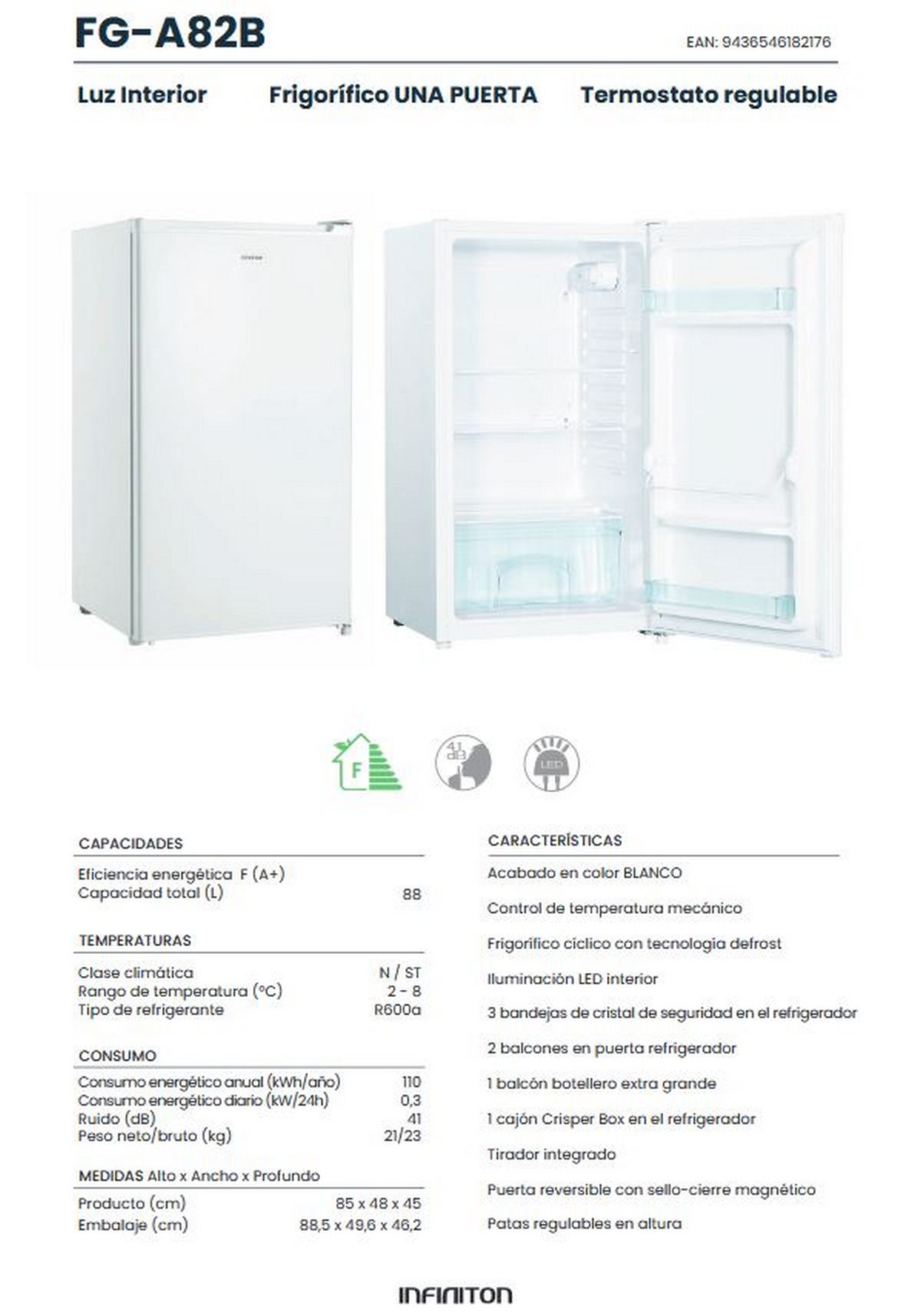 Frigorífico blanco con puerta abierta y ficha de información detallada del producto.