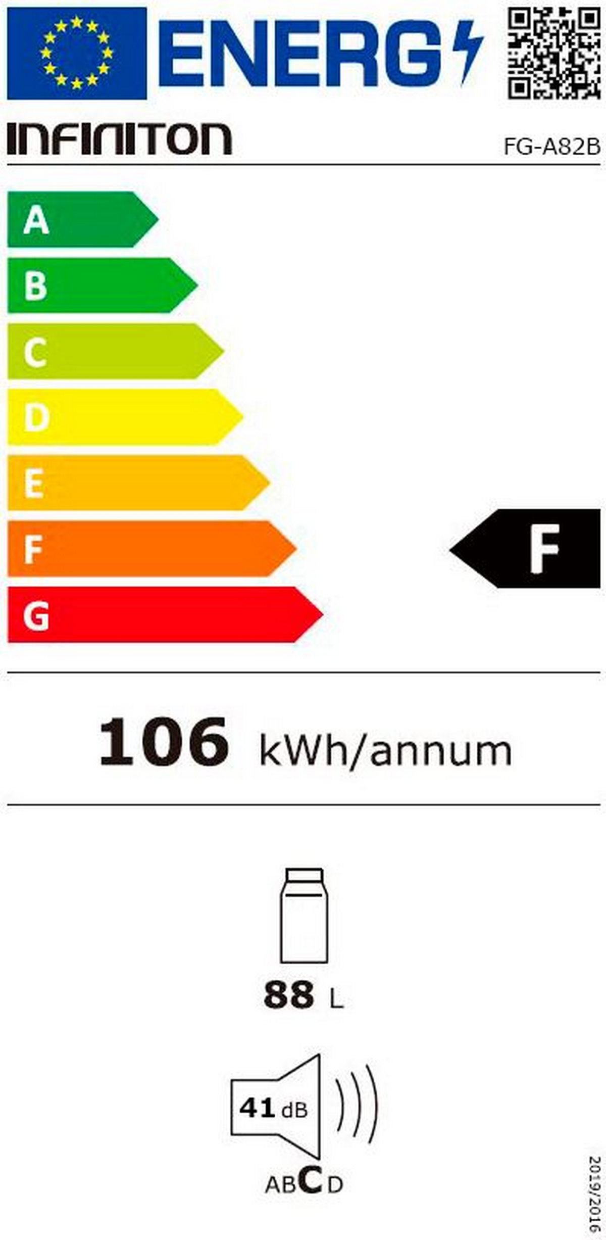 Etiqueta energética de un frigorífico. Incluye clase de eficiencia y otros datos.