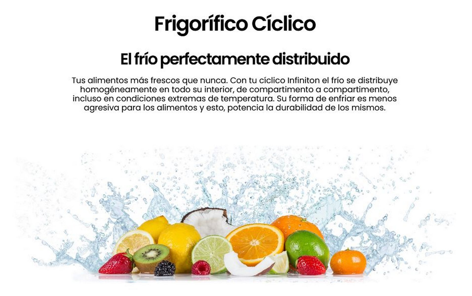 Frutas como limón, kiwi y naranja con salpicadura de agua y texto en español.