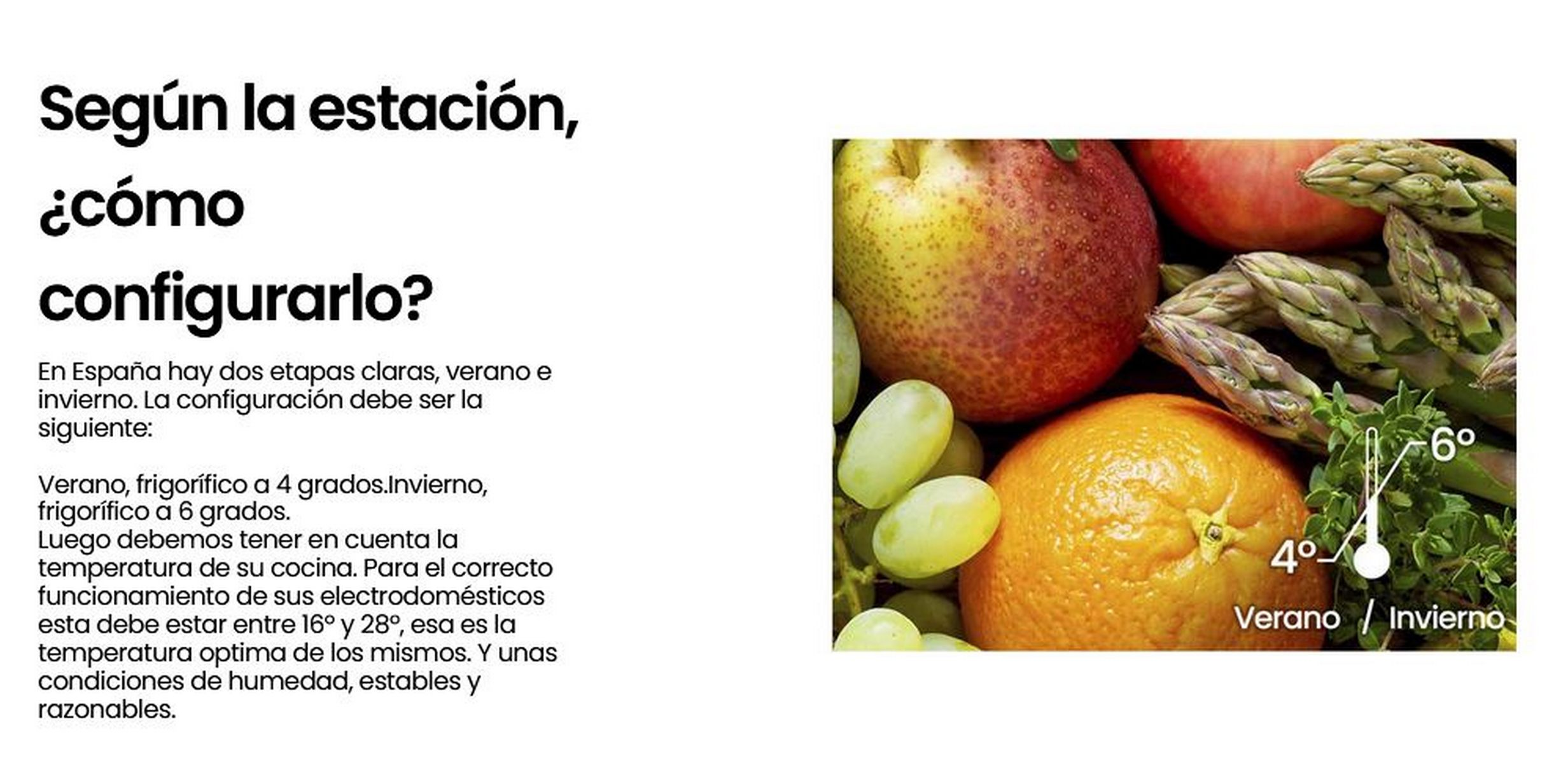 Imagen con texto y primer plano de frutas (manzana, pera, uvas, naranja) y espárragos.