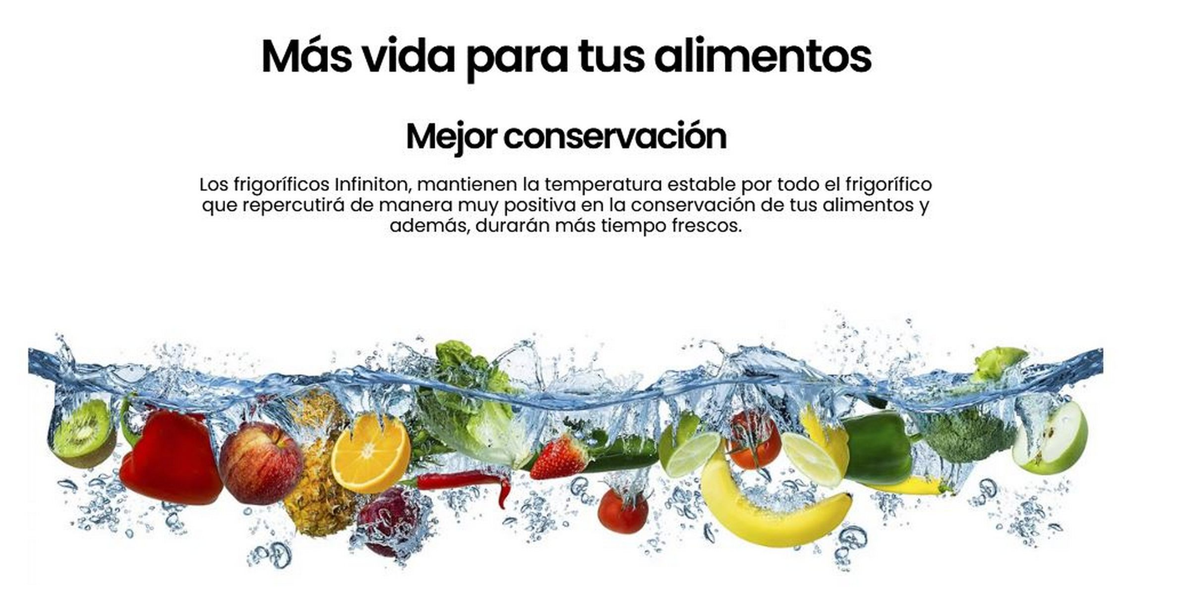 Imagen muestra frutas y verduras en agua, con texto español sobre conservación de alimentos.