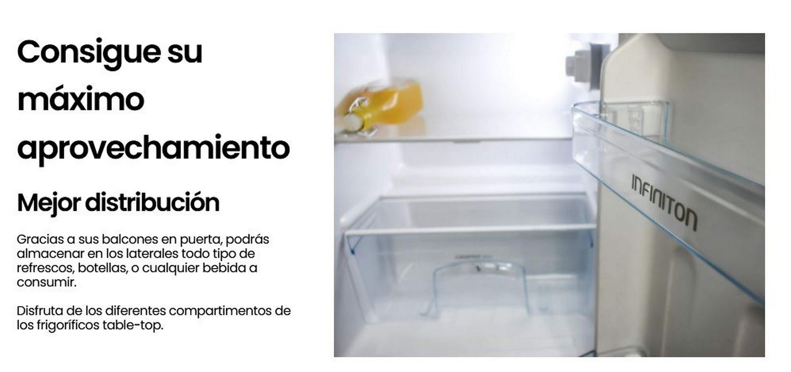 Interior de nevera con estantes y botella. Texto en español a la izquierda.