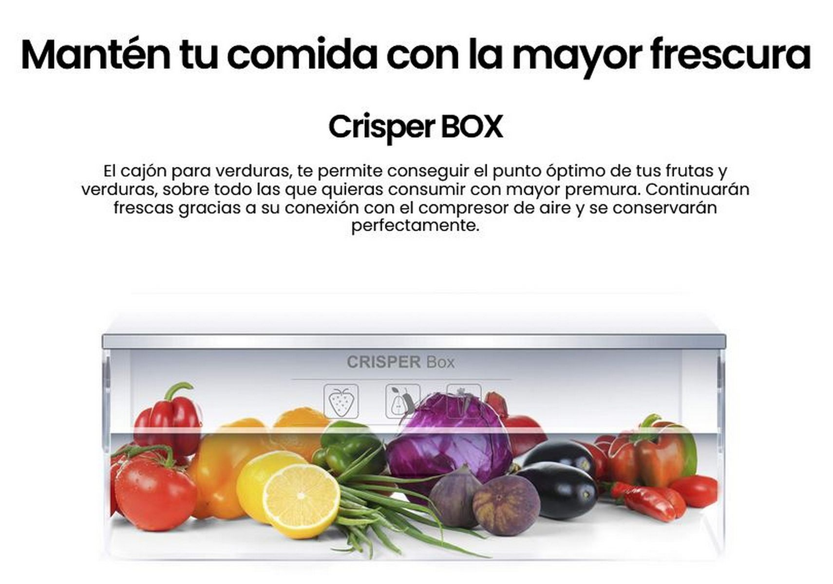 Cajón de verduras del refrigerador con verduras y frutas frescas. Texto en español sobre frescura.