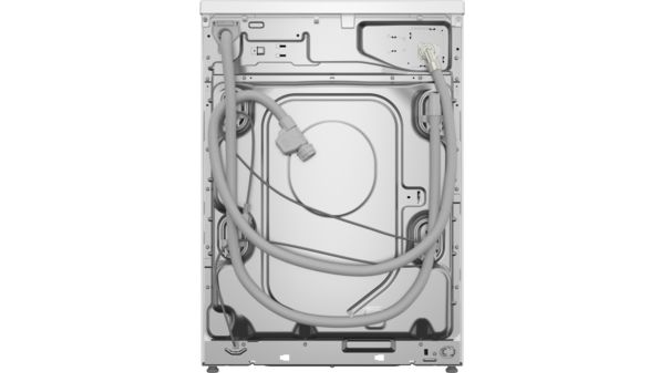 Widok z tyłu pralki z widocznymi wężami i połączeniami. Tył białego urządzenia.