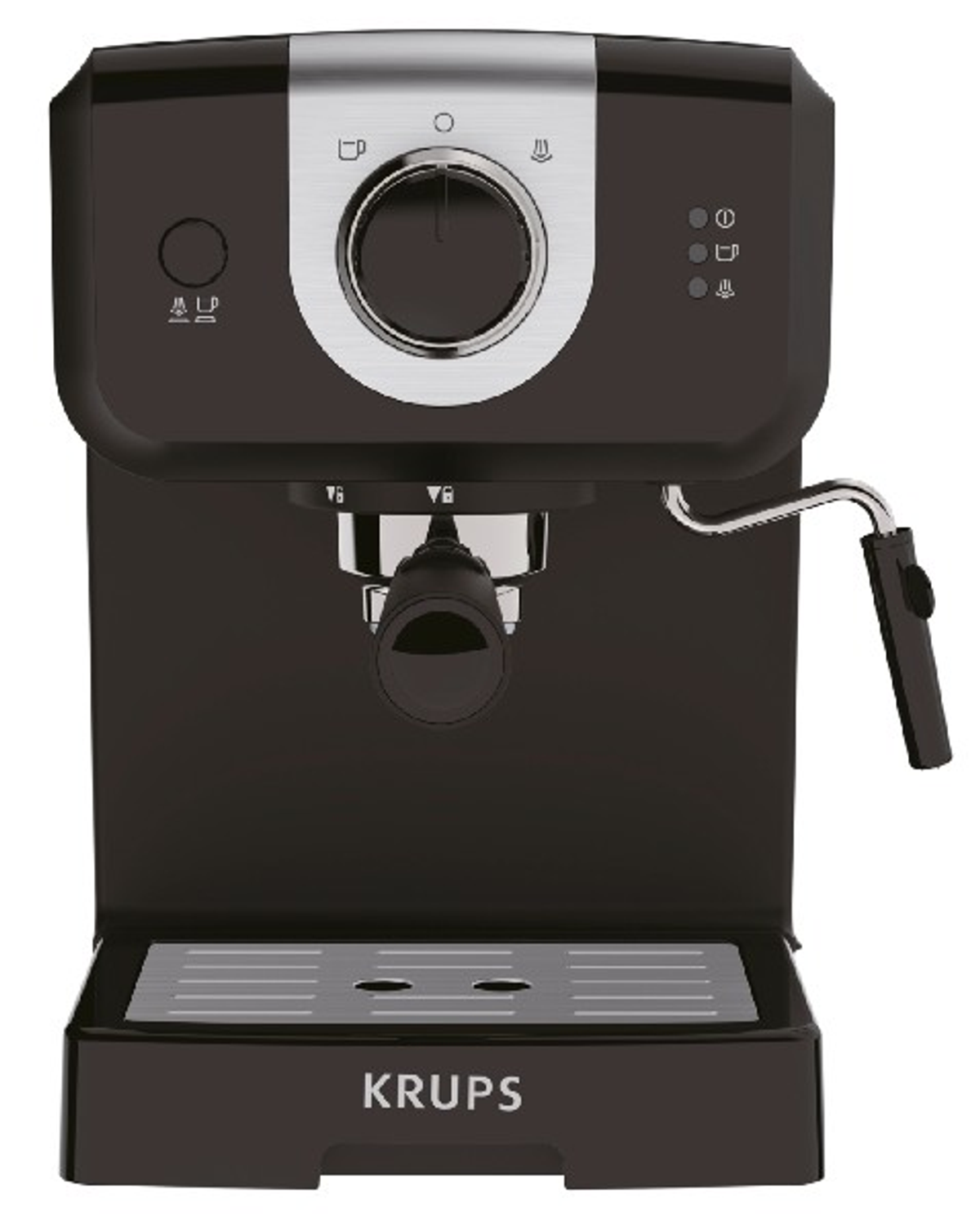 Cafetera espresso negra con detalles plateados, logo Krups al frente.