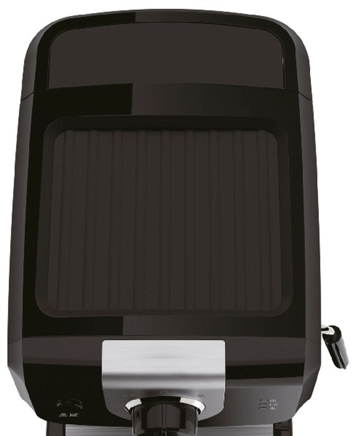 Cafetera negra, vista superior. El fondo es blanco. La máquina tiene un diseño plateado y negro.
