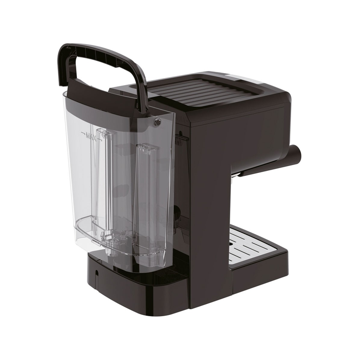 Una máquina de espresso negra con un depósito de agua transparente en el lado izquierdo.