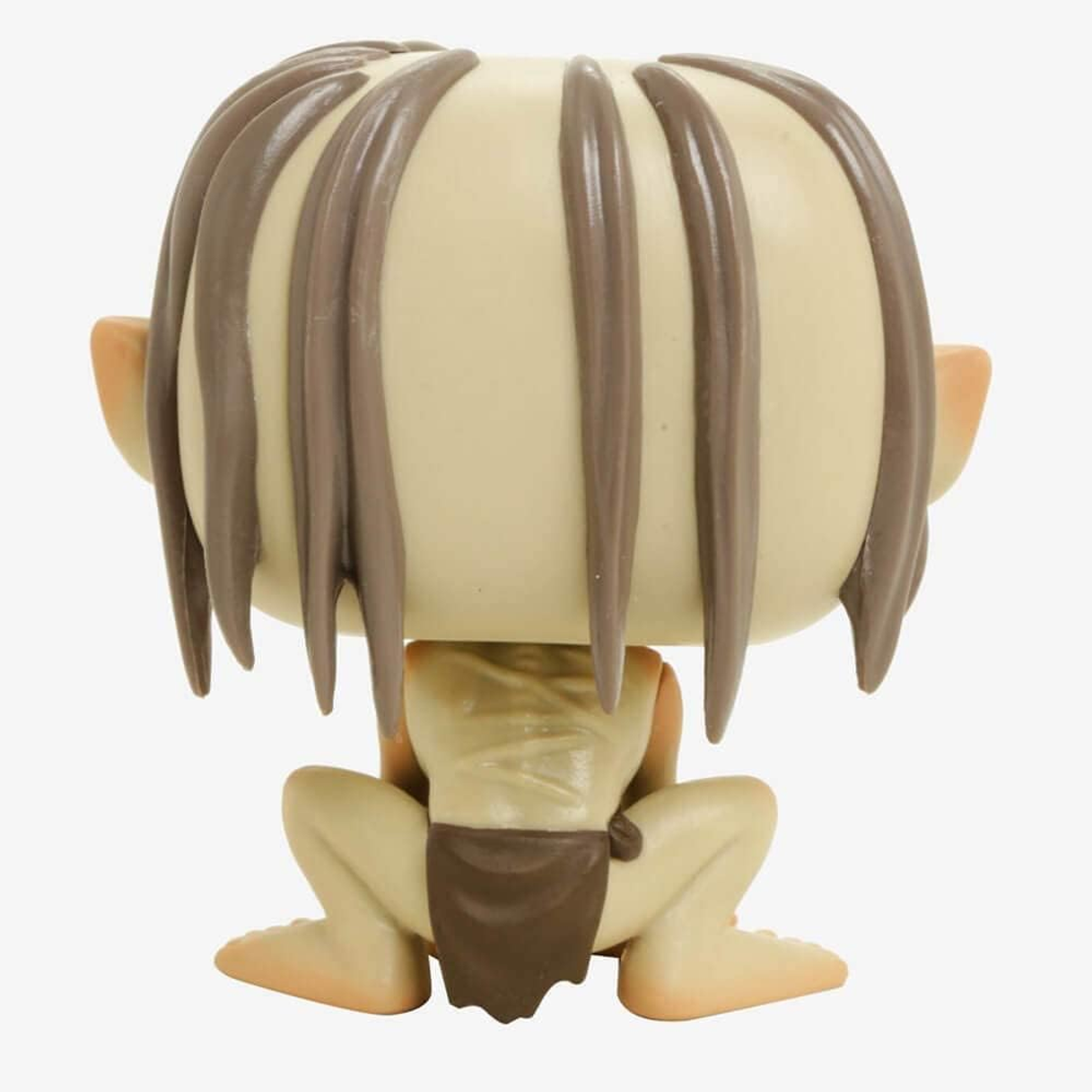 Retro di una statuina Funko Pop di Gollum, dal Signore degli Anelli. È seduto.