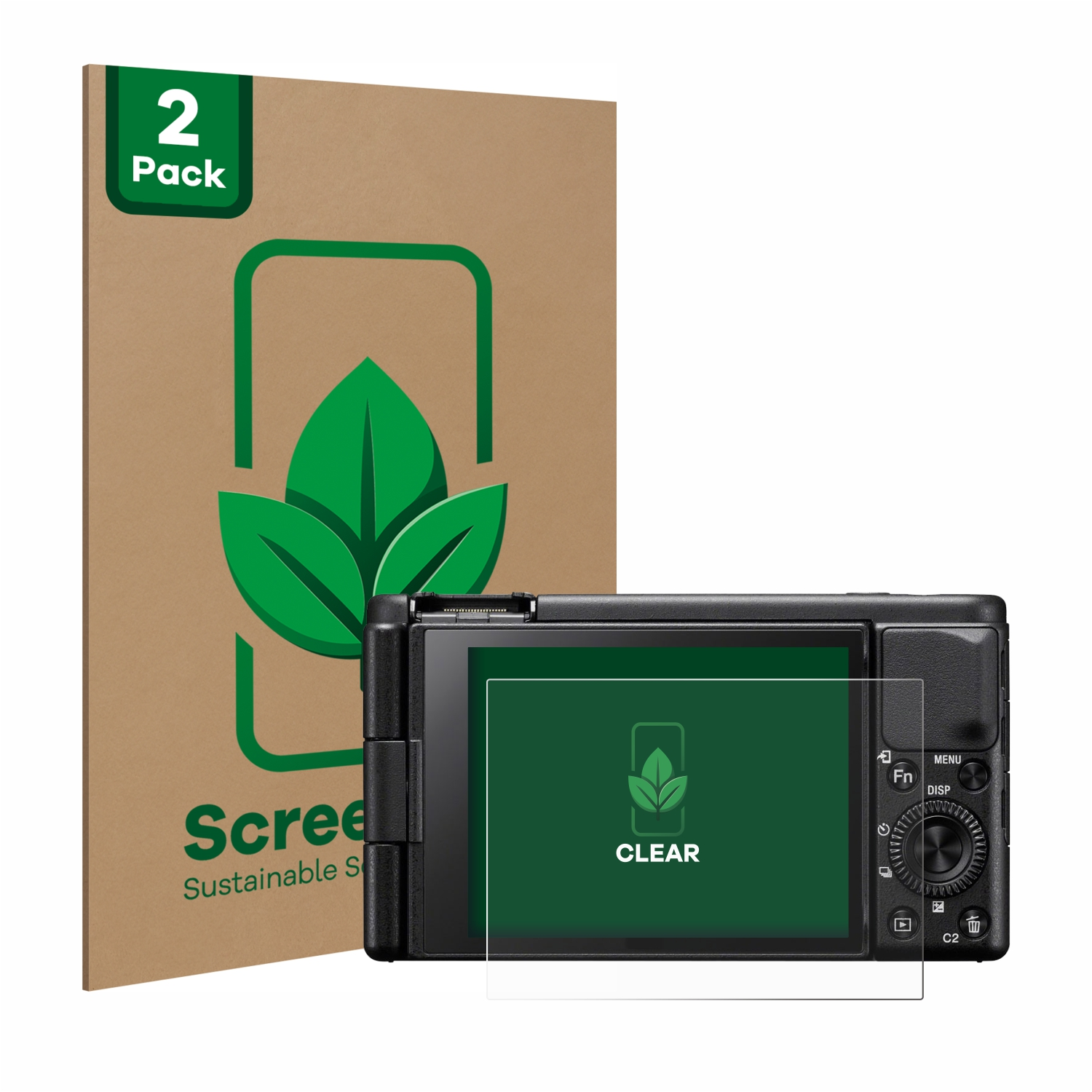 Kamera und Displayschutzbox. Schutz auf Kamerabildschirm. Text: ScreenL Sustainable Screen Protection.