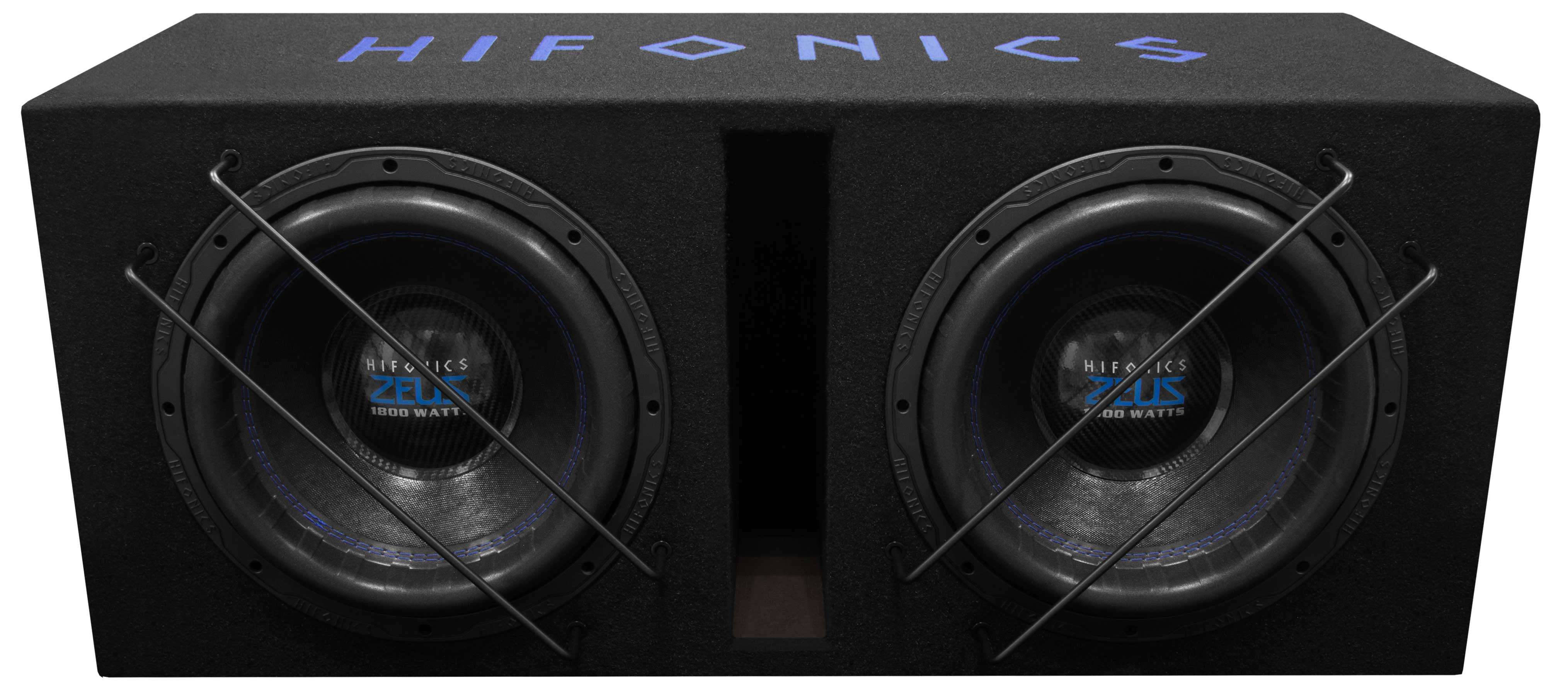 Ein schwarzer Subwoofer mit zwei Lautsprechern. Der Markenname ist sichtbar.