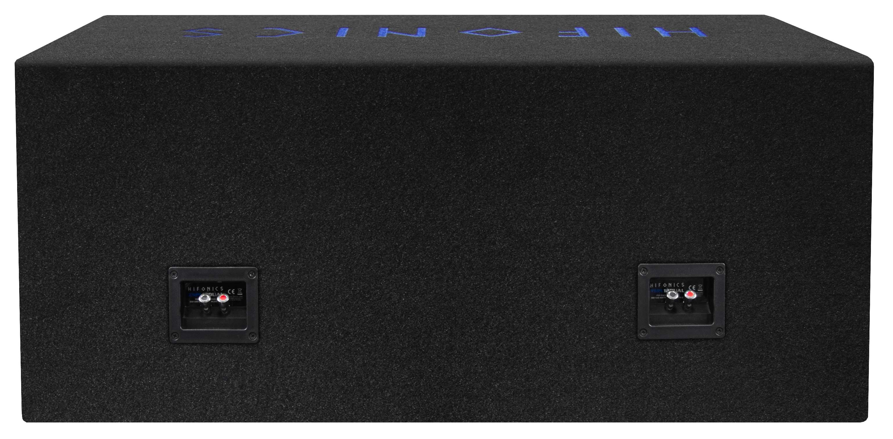 Schwarzer Lautsprecherbox mit blauem Text. Zwei Anschlüsse hinten sichtbar.