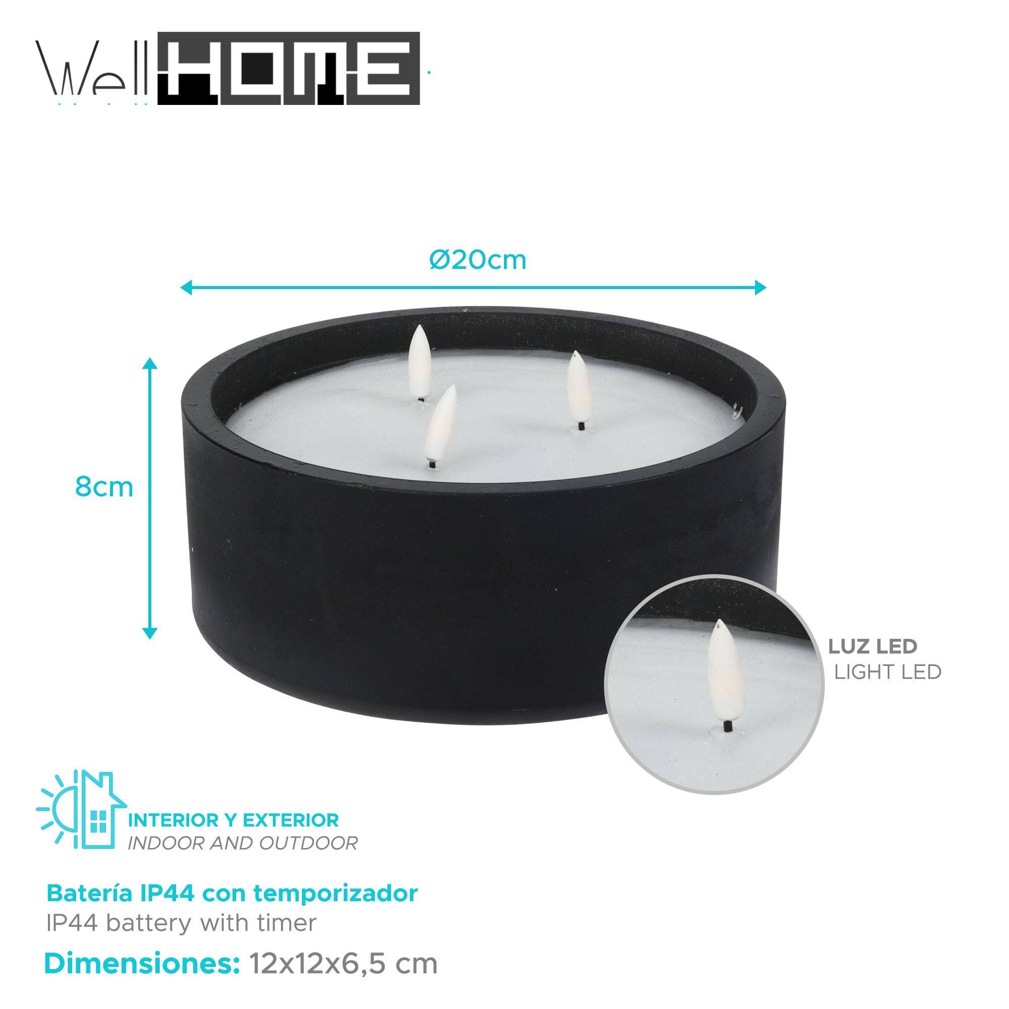 Portavelas negro con 3 velas LED. Texto: Interior y exterior.