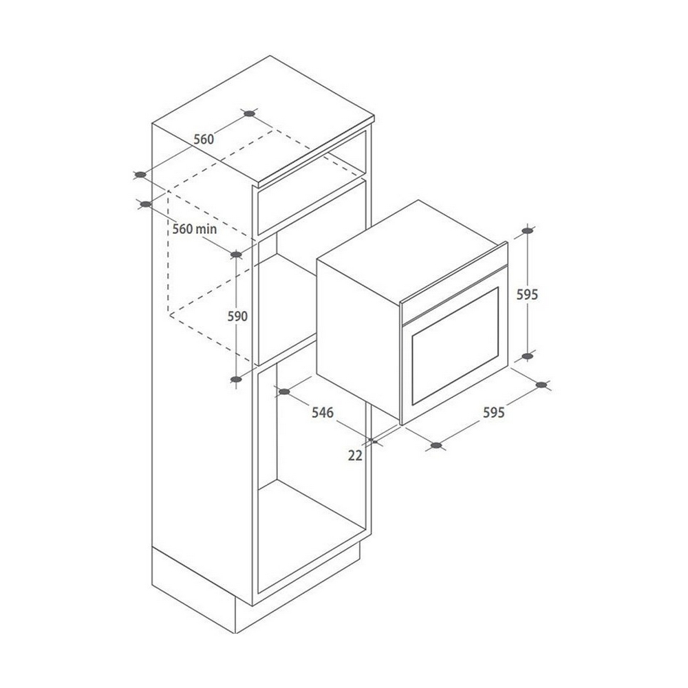 Disegno tecnico che mostra le dimensioni di un forno da incasso e dei mobili circostanti in millimetri.