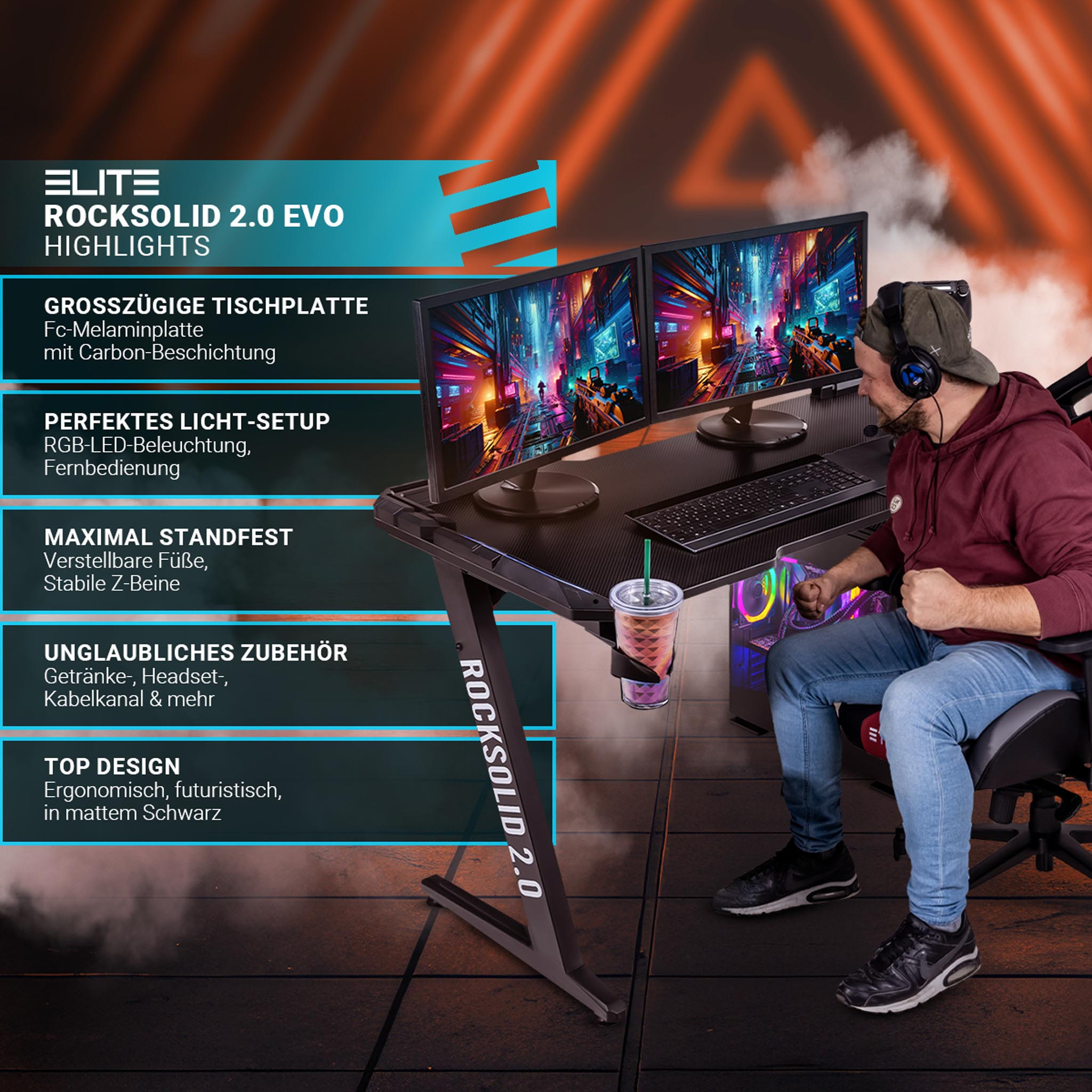 Ein Gamer mit Kopfhörern und zwei Monitoren, ein Schreibtisch und Text: ELITE ROCKSOLID 2.0 EVO.