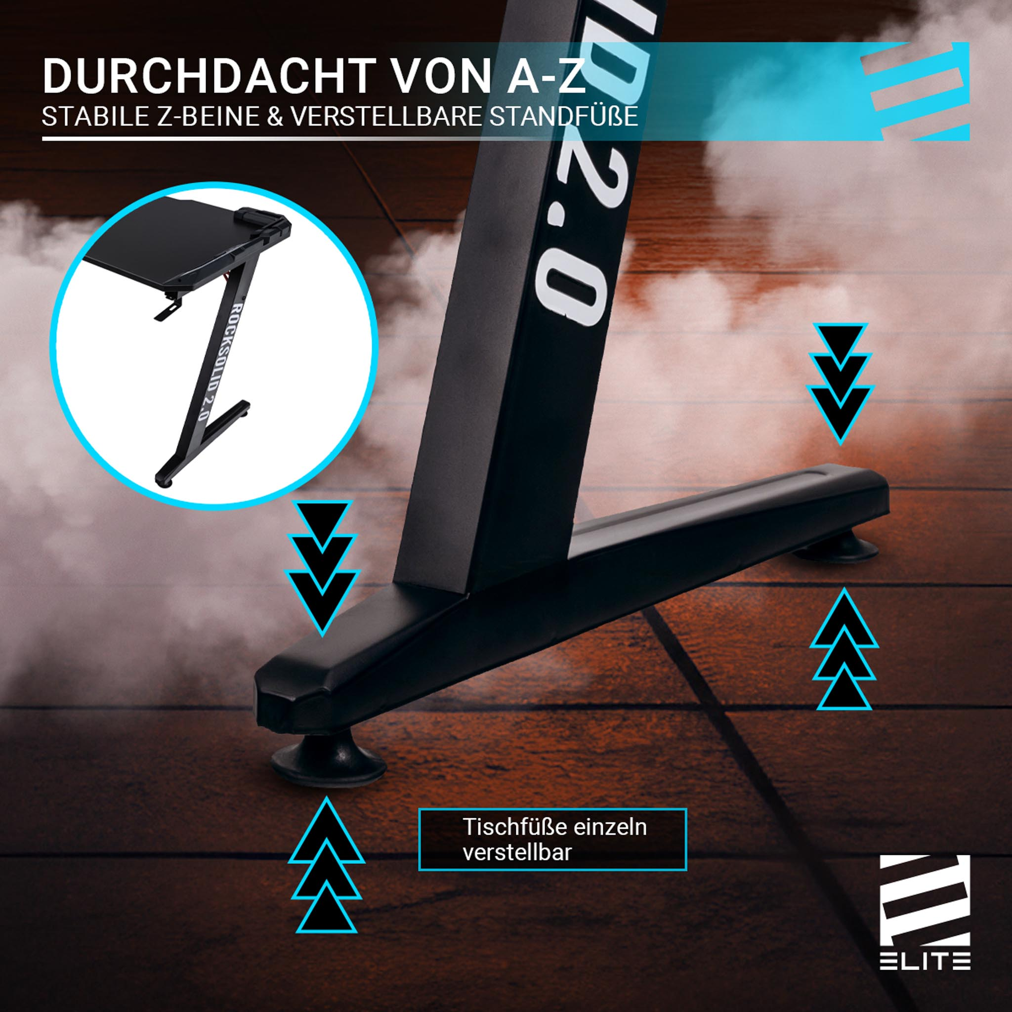 Ein schwarzer Tisch mit einem Bein. Text und Pfeile. Holzboden, blauer Hintergrund.