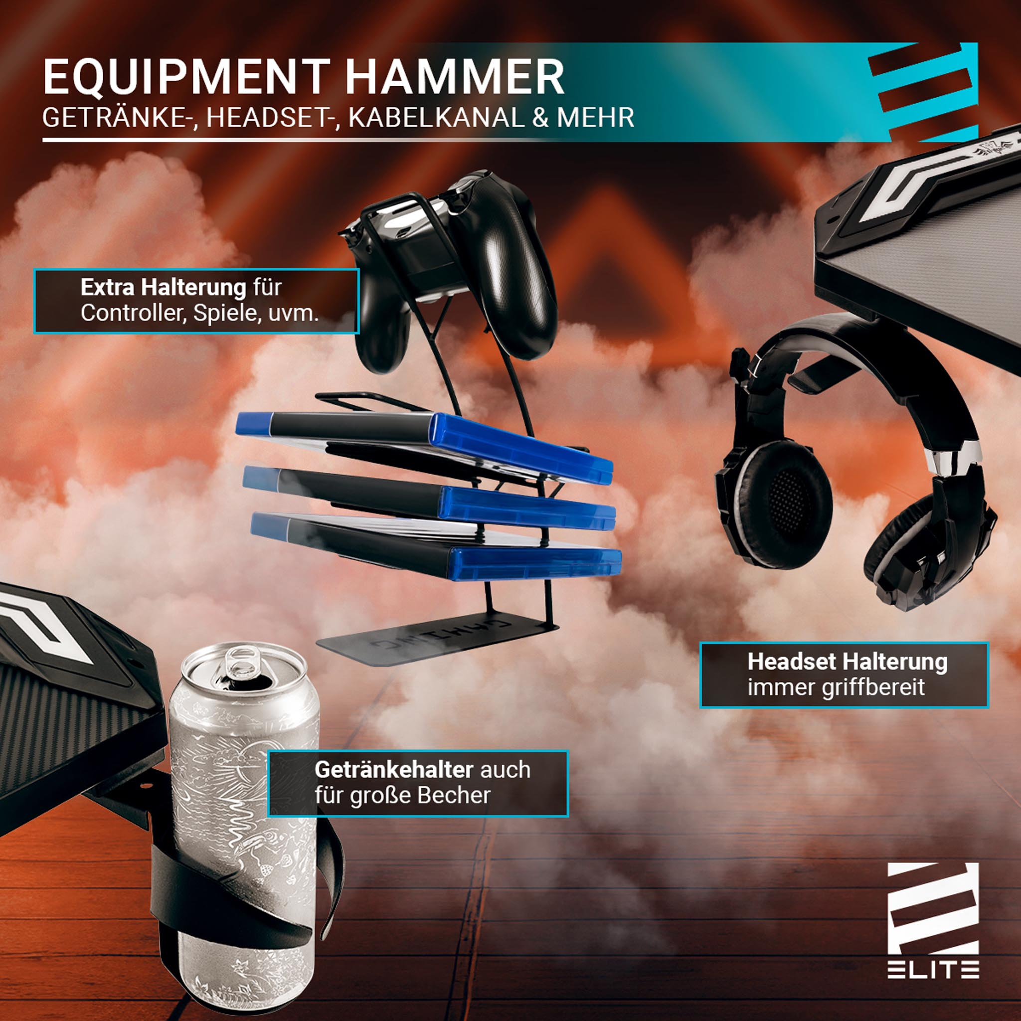 Gaming-Setup mit Controller-Halter, Kopfhörerhalter und Getränkehalter.