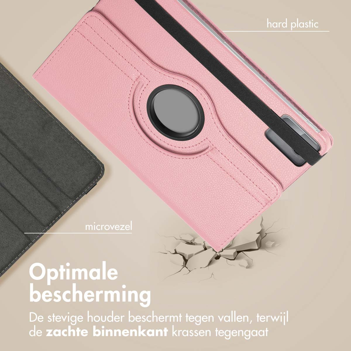 Pink tablet case, text: 'Optimal protection'. Hard plastic and microfiber materials.