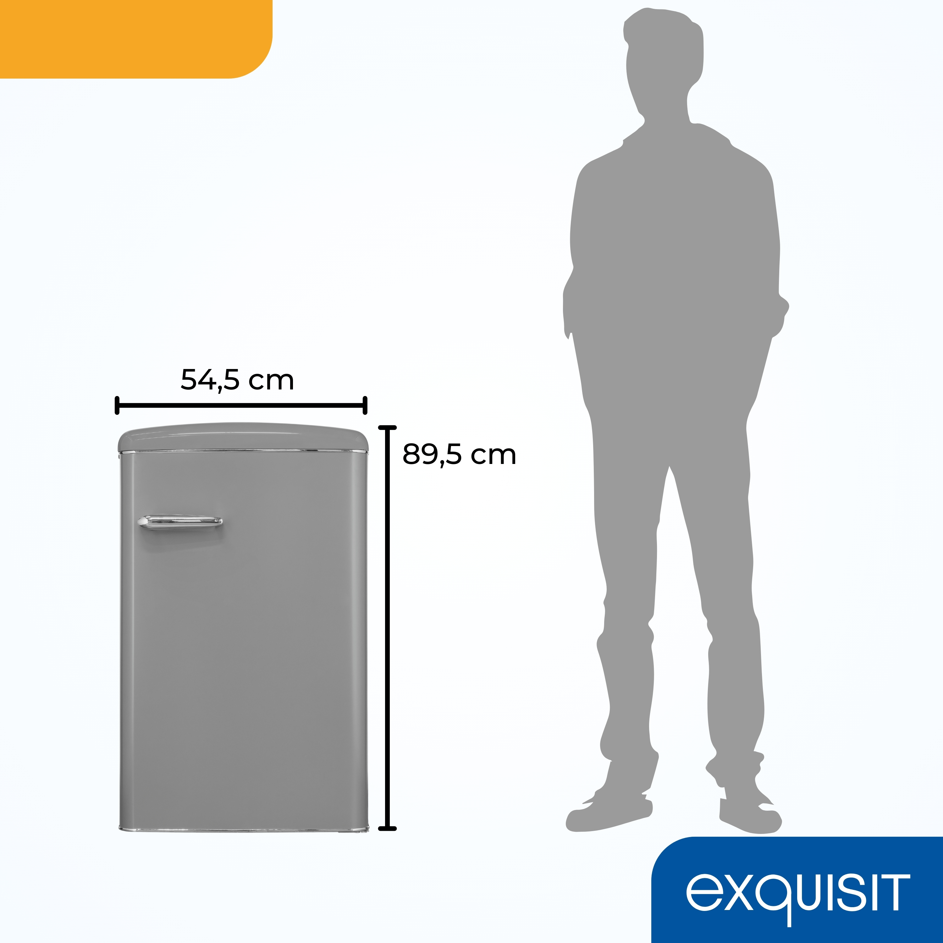 Ein grauer Mini-Kühlschrank im Retro-Stil mit einer Personensilhouette daneben zum Größenvergleich.