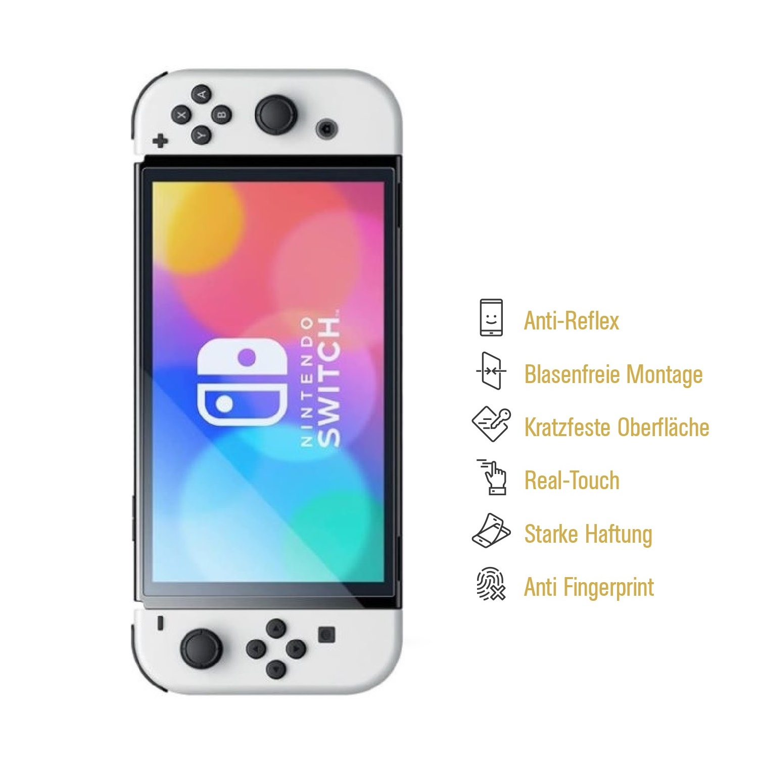 Weiße Nintendo Switch Konsole mit angebrachtem Displayschutz, und Funktionen rechts aufgelistet.