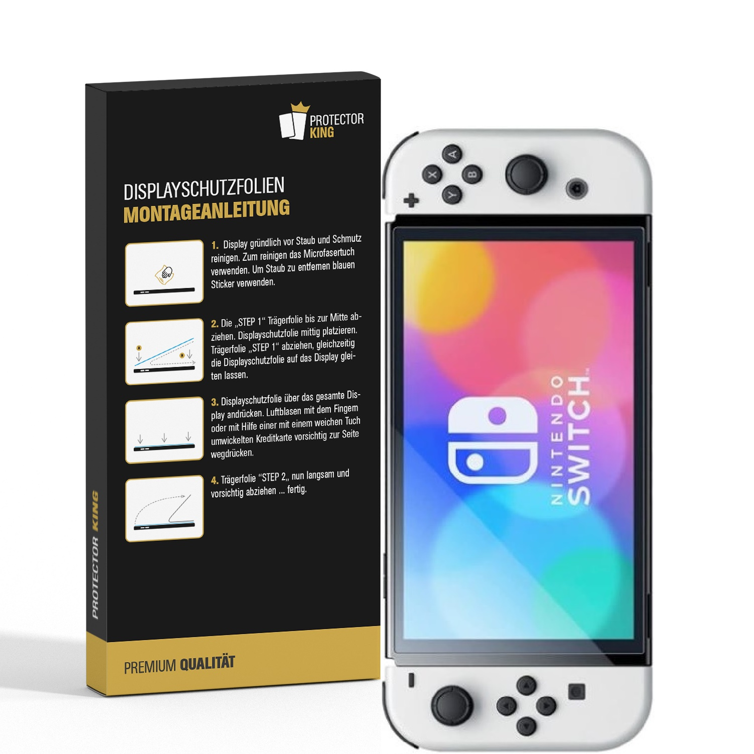Eine Nintendo Switch und eine Displayschutzfolienbox mit Anweisungen zum Anbringen der Folie.