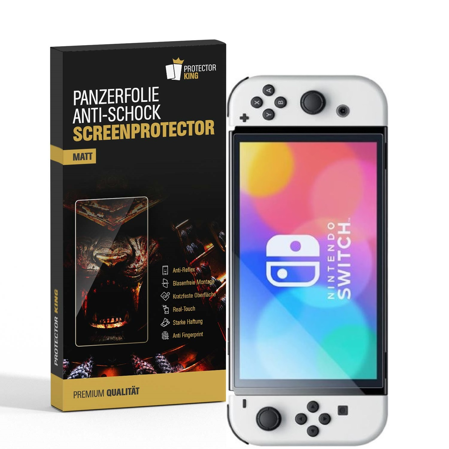 Ein Nintendo Switch mit Displayschutz und einer Box. Auf der Box steht "PANZERFOLIE ANTI-SCHOCK SCREENPROTECTOR".