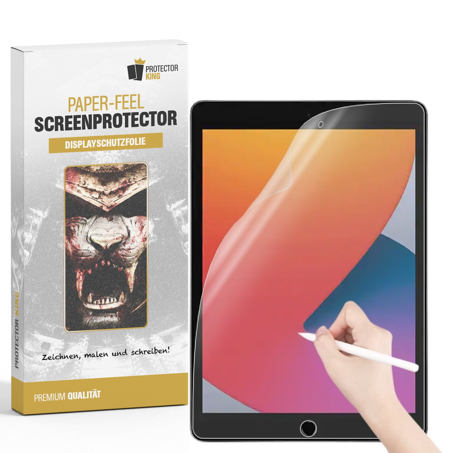Tablet mit Displayschutzfolie und Verpackung. Eine Hand platziert den Schutz auf dem Bildschirm.
