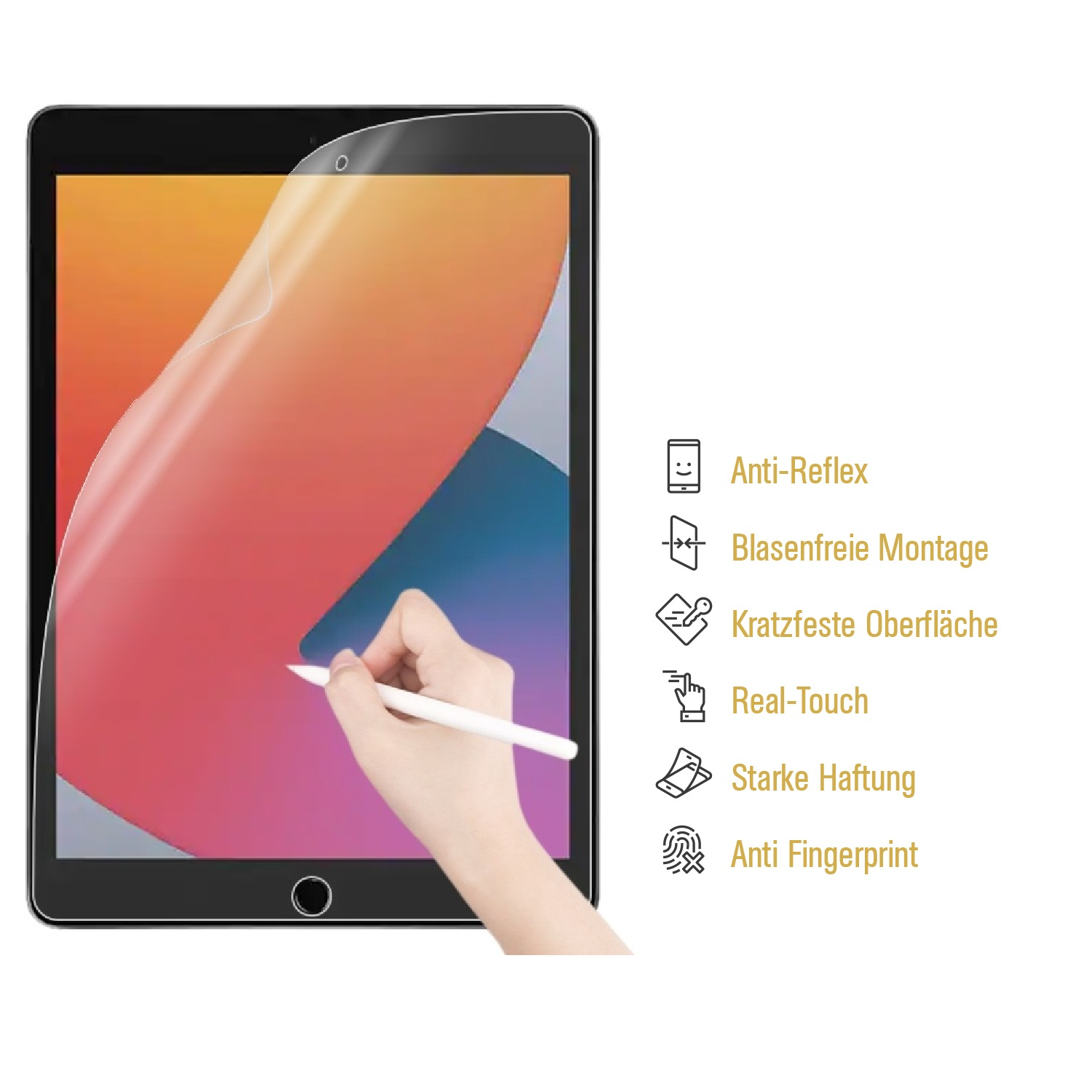 Hand hält Stift über Tablet mit Displayschutz. Eigenschaften sind aufgelistet.
